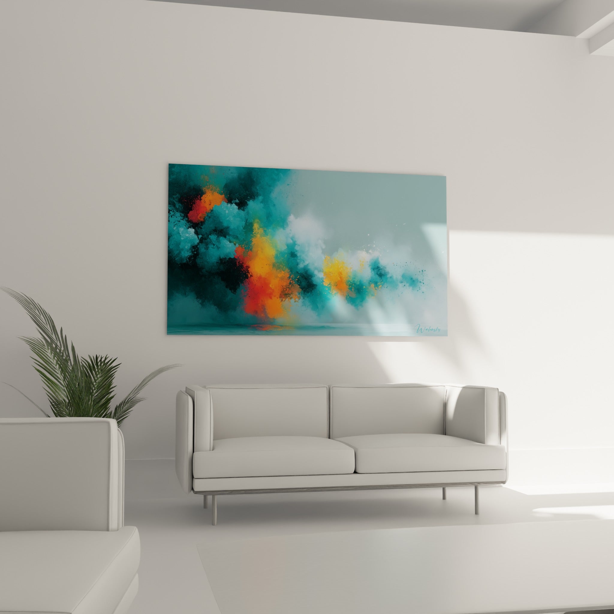 Volutes de fumée bleu pétrole et flammes orangées, disposées au-dessus d'un canapé dans un salon lumineux