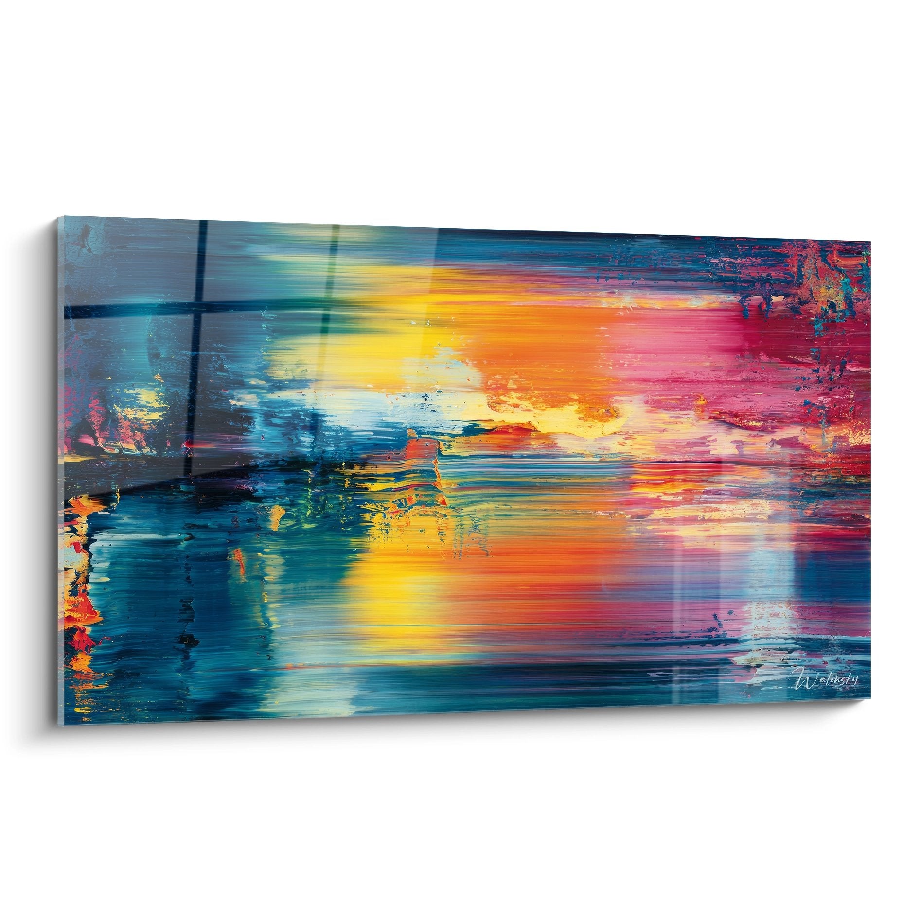 Tableau mural abstrait coloré style raclé avec dégradés bleu jaune rouge pour décoration contemporaine