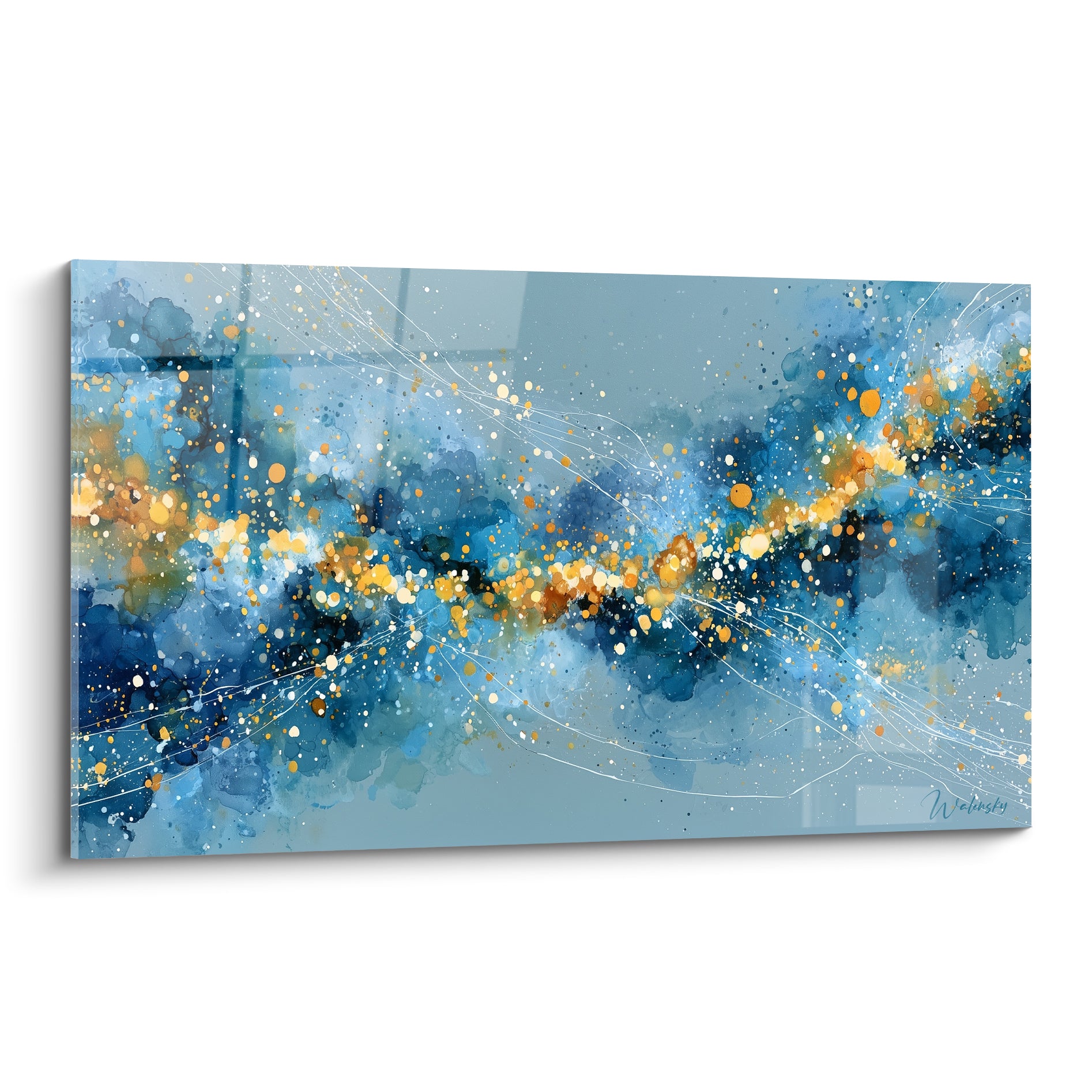 Traînée d'étoiles dorées et bleu marine traversant une composition abstraite en aquarelle