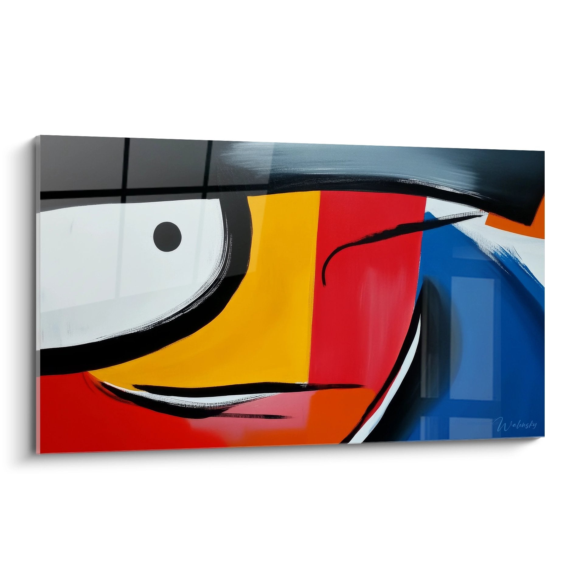 Tableau abstrait coloré avec formes géométriques rouge bleu jaune et élément oculaire central sur fond blanc