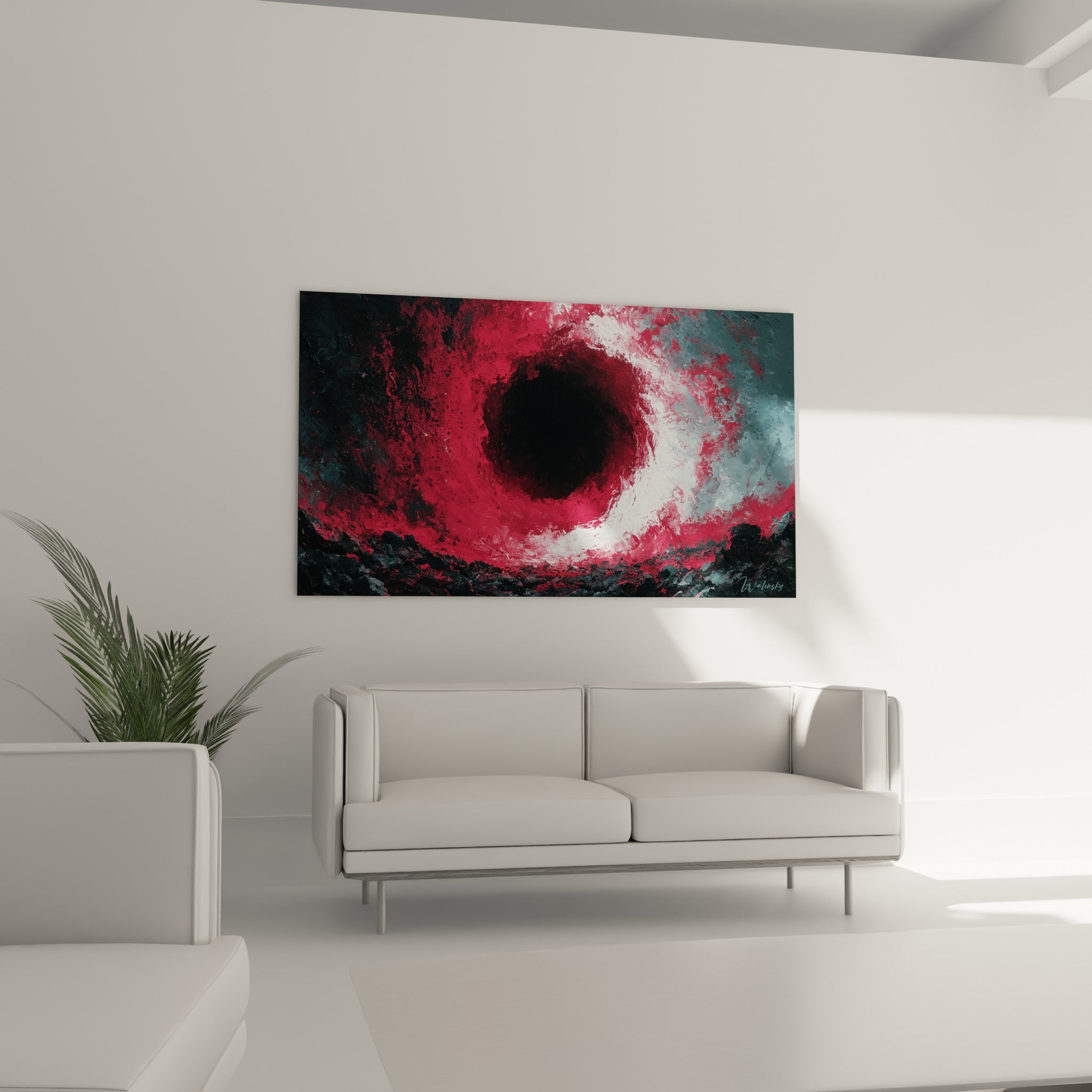 Gouffre incandescent rouge et anthracite, suspendu au-dessus d'un canapé dans un salon lumineux