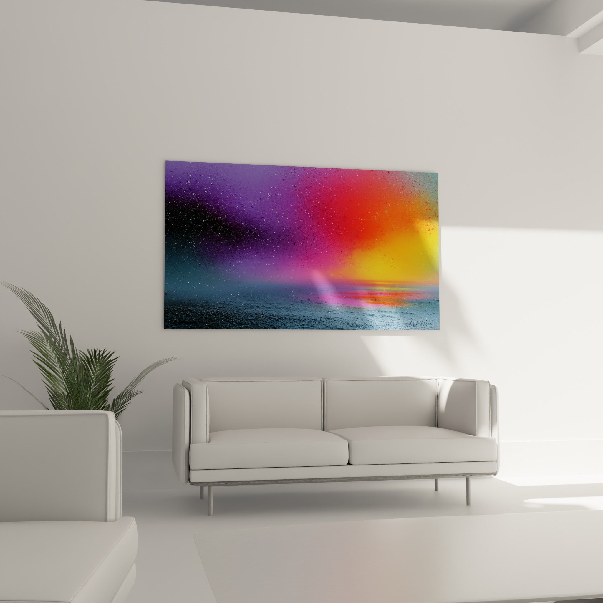 Horizon lumineux mêlant jaune doré et violet profond, au-dessus d'un canapé dans un salon lumineux