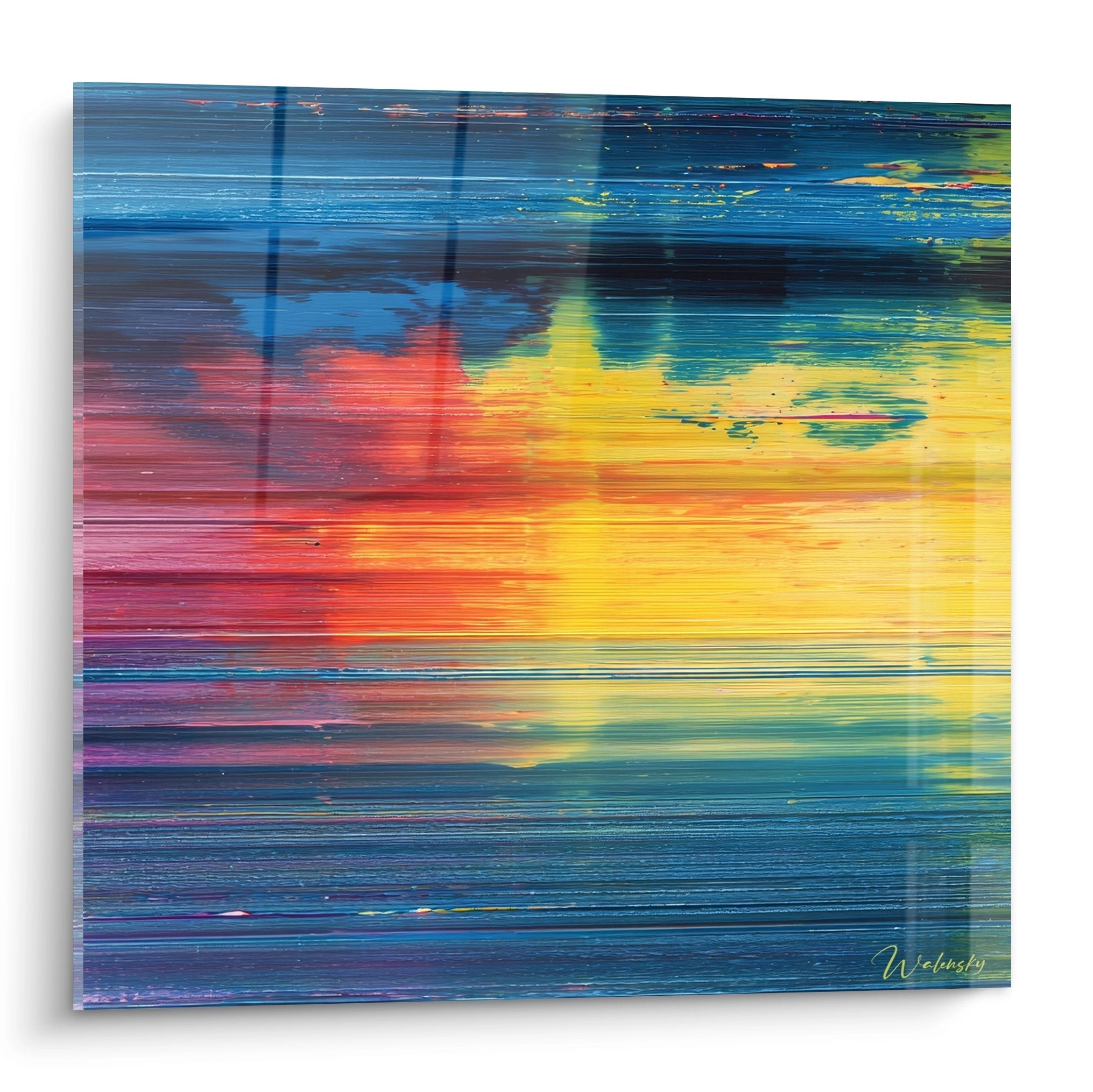 Tableau abstrait coloré avec horizon vibrant technique raclage tons chauds et froids