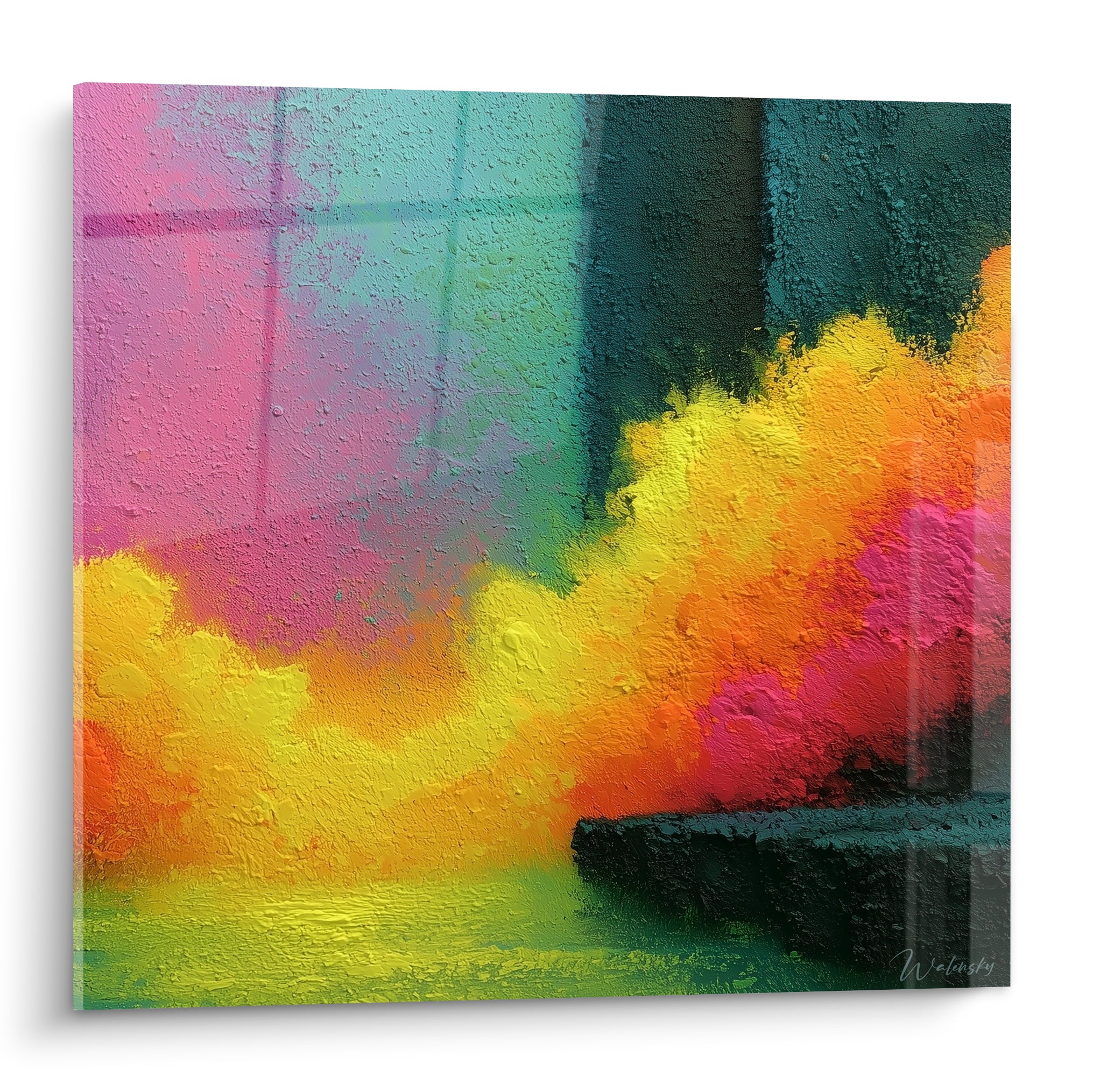 Explosion abstraite jaune et rose fuchsia aux textures épaisses, contrastant avec un fond vert menthe géométrique