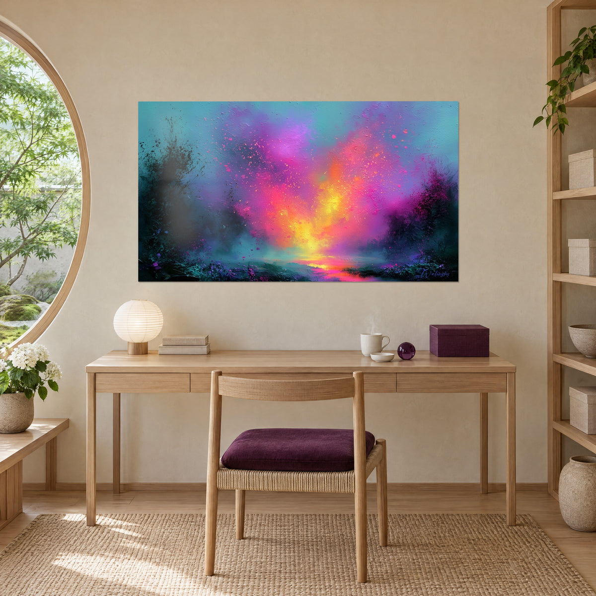 Schilderij kleurrijke uitbarsting in violet, oranje en turquoise, weggeslingerde verfstreken, lichte eikenhouten bureau, ronde lamp, pruimkleurige stoel