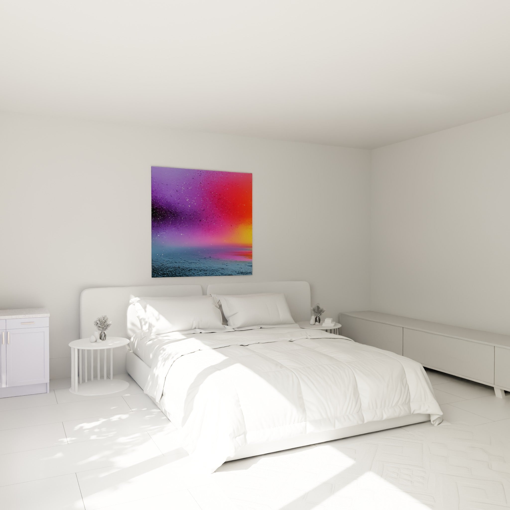 Nuances pourpres et orangées d'un dégradé abstrait, au-dessus d'un lit dans une chambre claire
