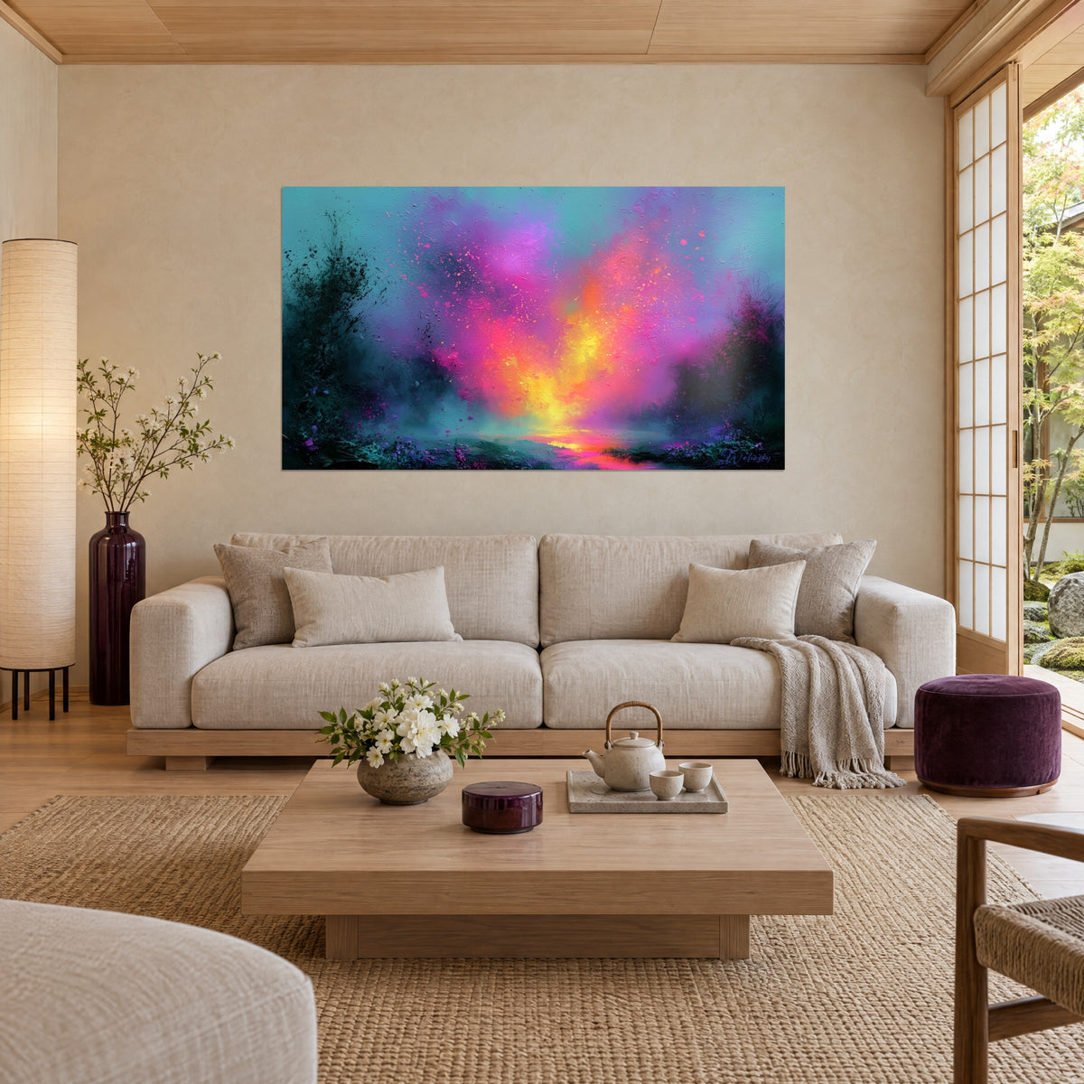 Schilderij lichtexplosie in geel en magenta op een turquoise achtergrond, verfspatten, boven een bank in een lichte woonkamer