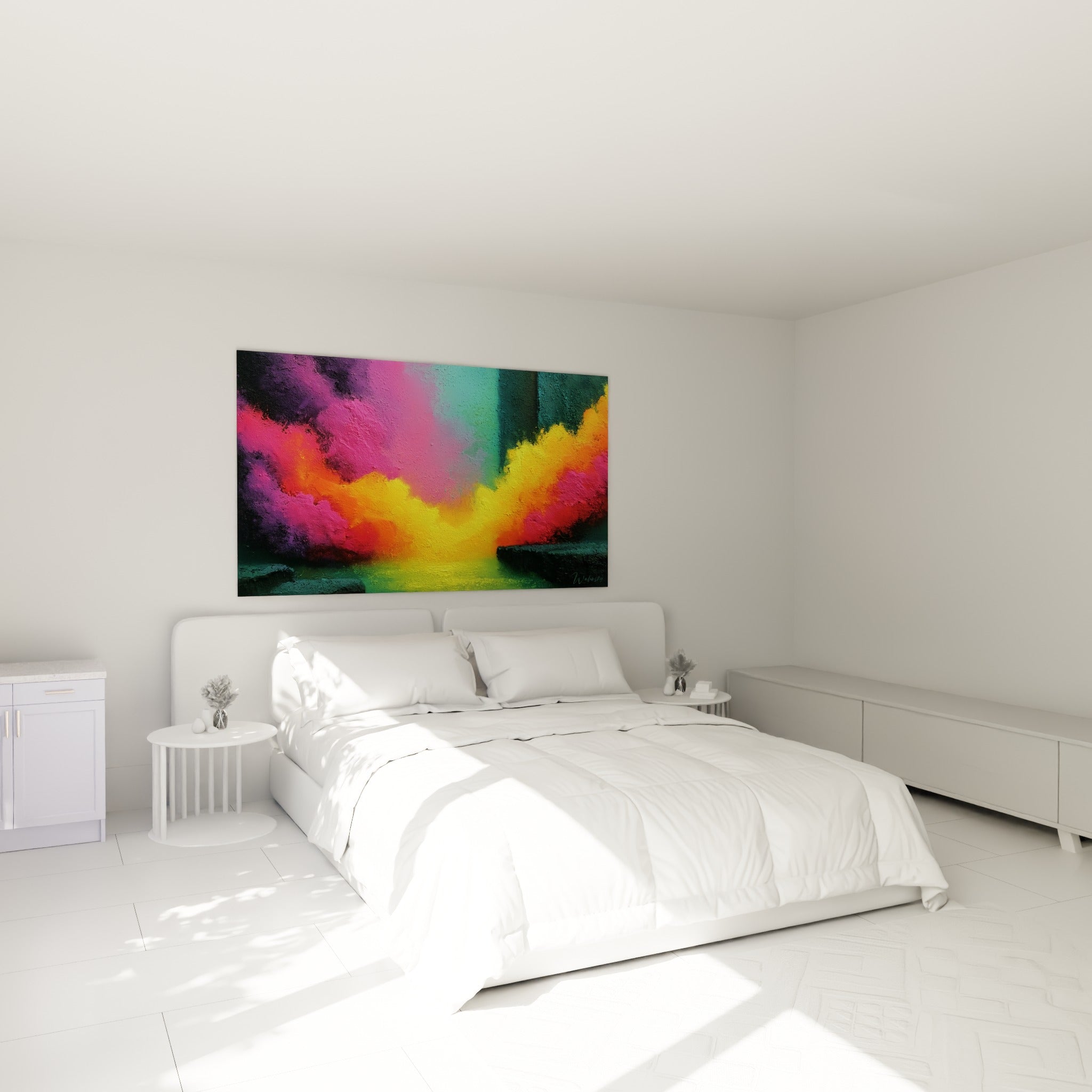 Nuage lumineux orange et violet du tableau Abstrait Coloré, au-dessus d'un lit dans une chambre claire