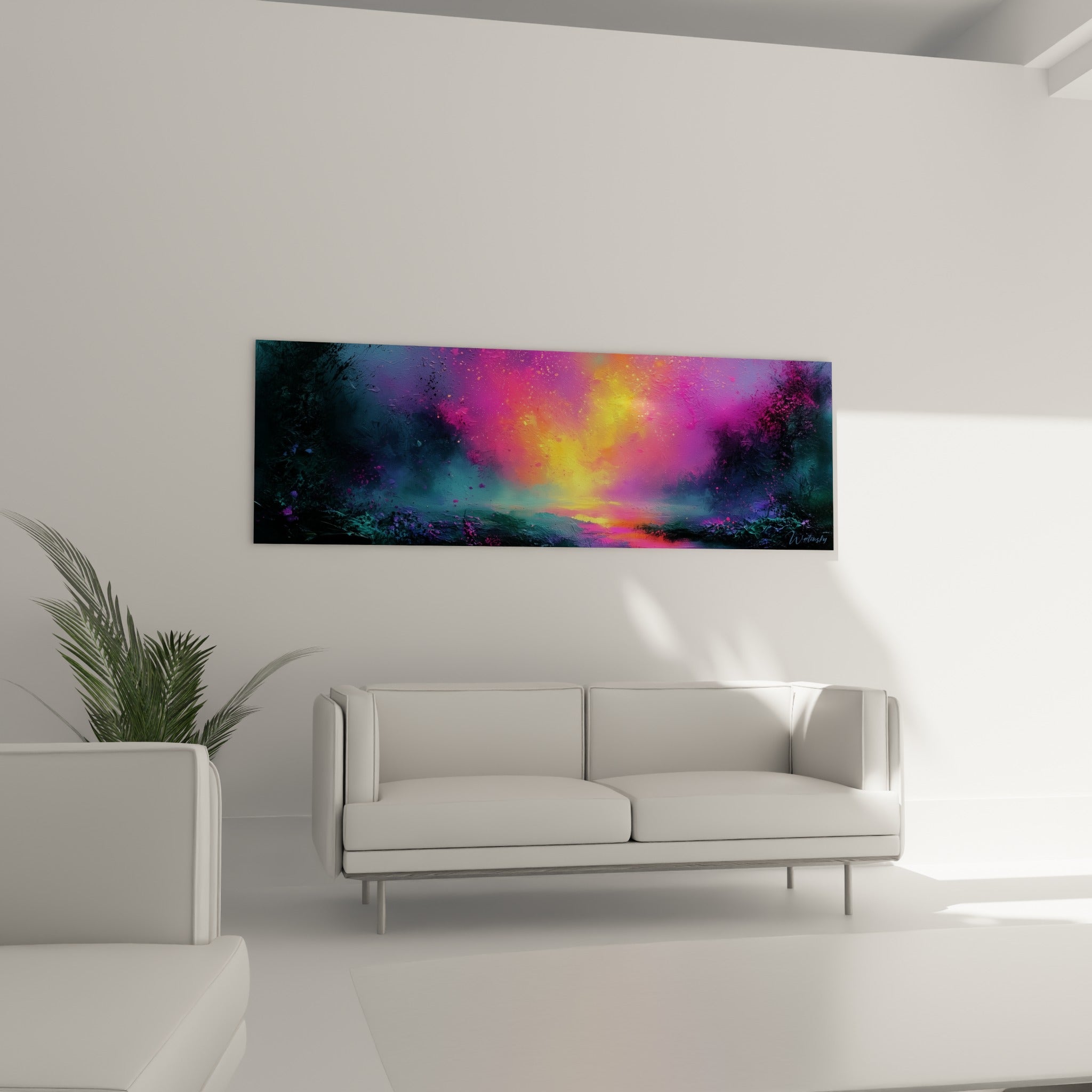 Lumière dorée et violette abstraite, reflet aquatique, au-dessus d'un canapé dans un salon lumineux