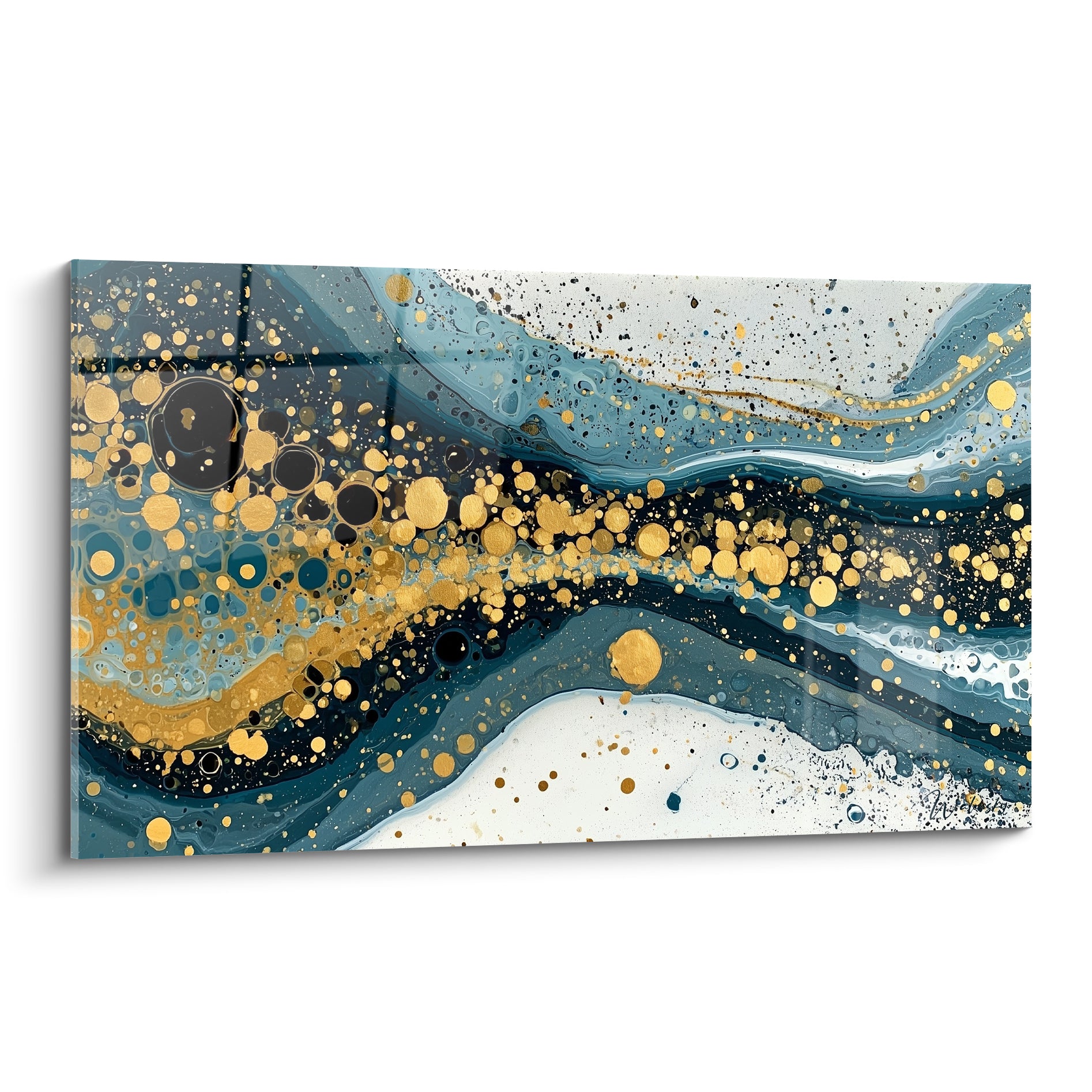Marbrure fluide bleu marine et dorée aux bulles dorées, effet abstrait sur toile brillante