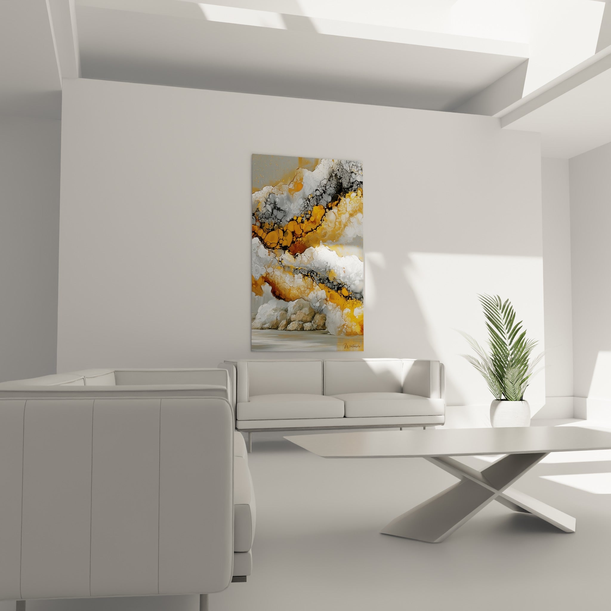 Motif abstrait doré et anthracite au-dessus d'un canapé dans un salon lumineux, effet marbré