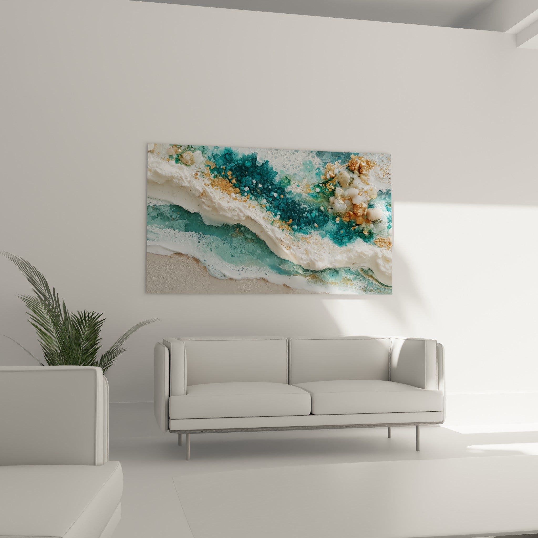 Marée turquoise mêlée d'or et de crème, accrochée au-dessus d'un canapé dans un salon lumineux