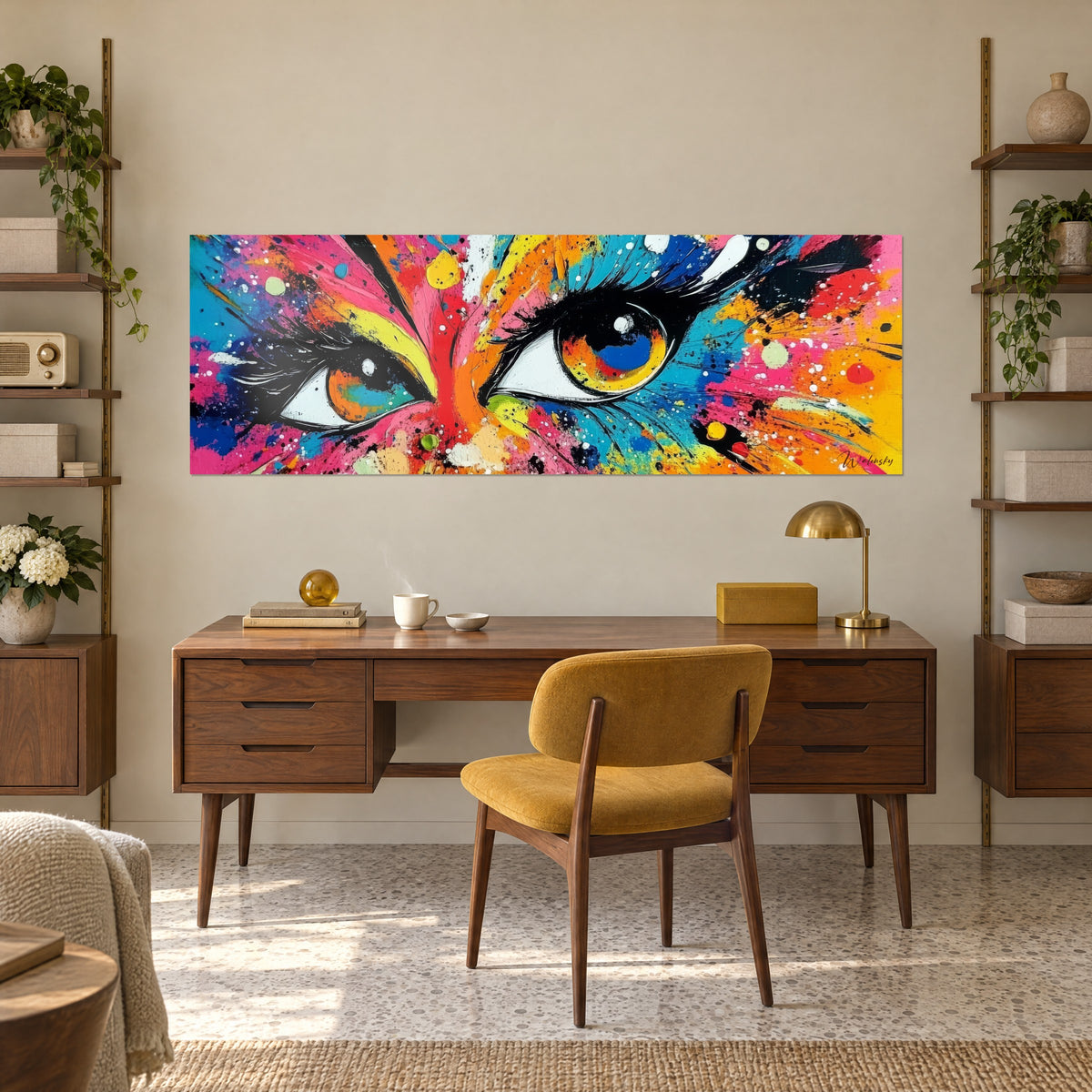 Cuadro con una máscara de colores y ojos ardientes, toques rojos, turquesa y blancos, colgado sobre un escritorio de madera y un sillón mostaza