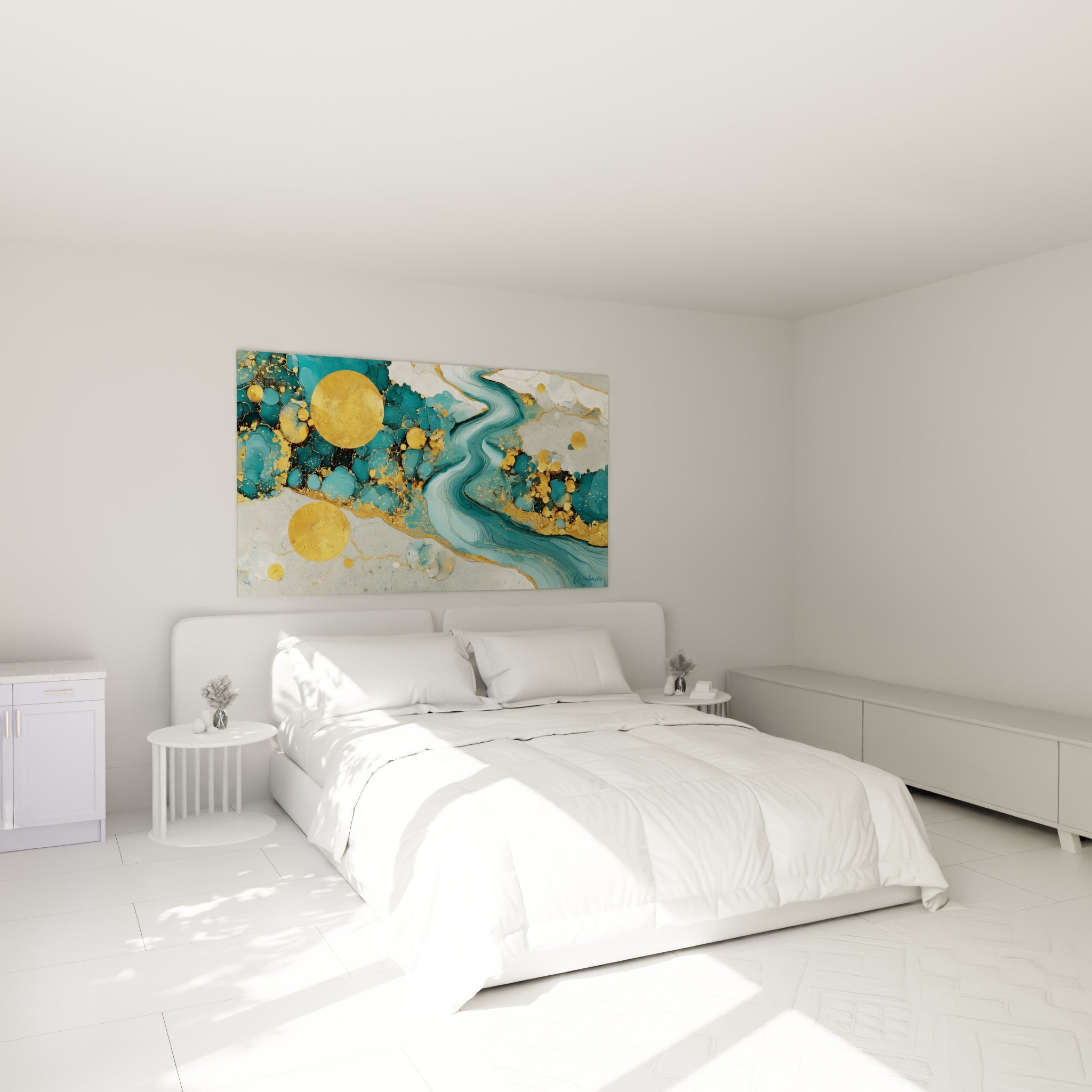 Méandre turquoise et cercles dorés de ce tableau Abstrait Coloré au-dessus d'un lit dans une chambre claire