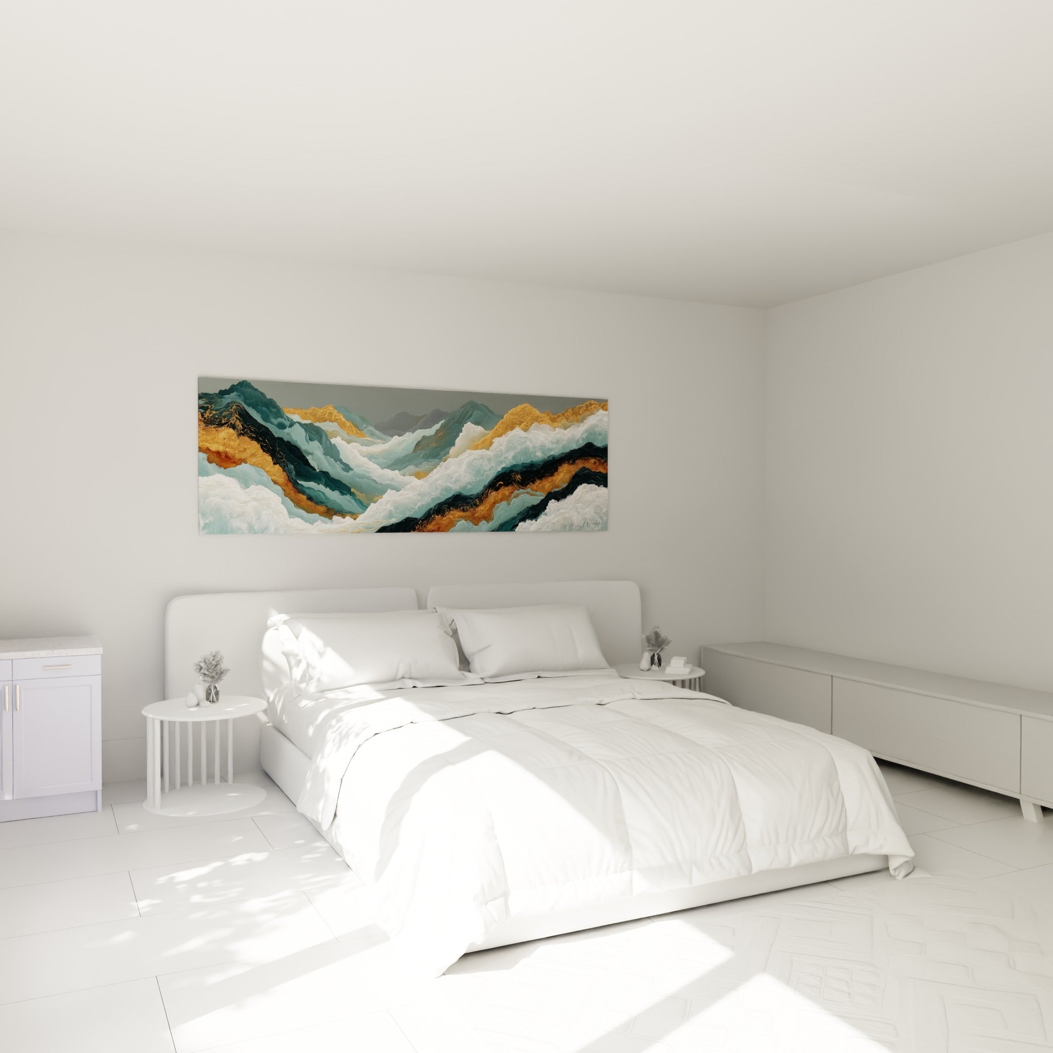 Mer tumultueuse turquoise et anthracite, tableau Abstrait Coloré accroché au-dessus d'un lit dans une chambre claire