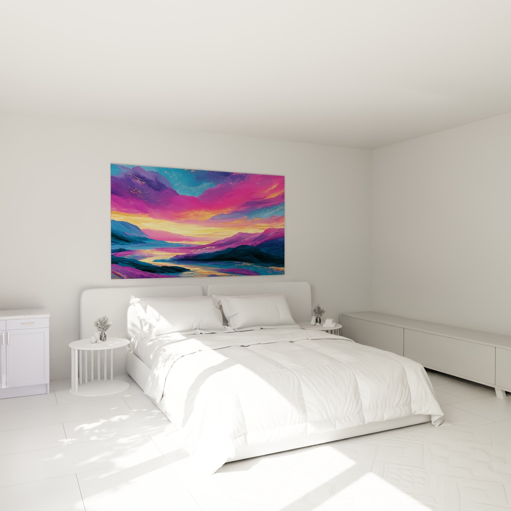 Montagnes bleu turquoise et ciel magenta d'un crépuscule peint, au-dessus d'un lit dans une chambre claire