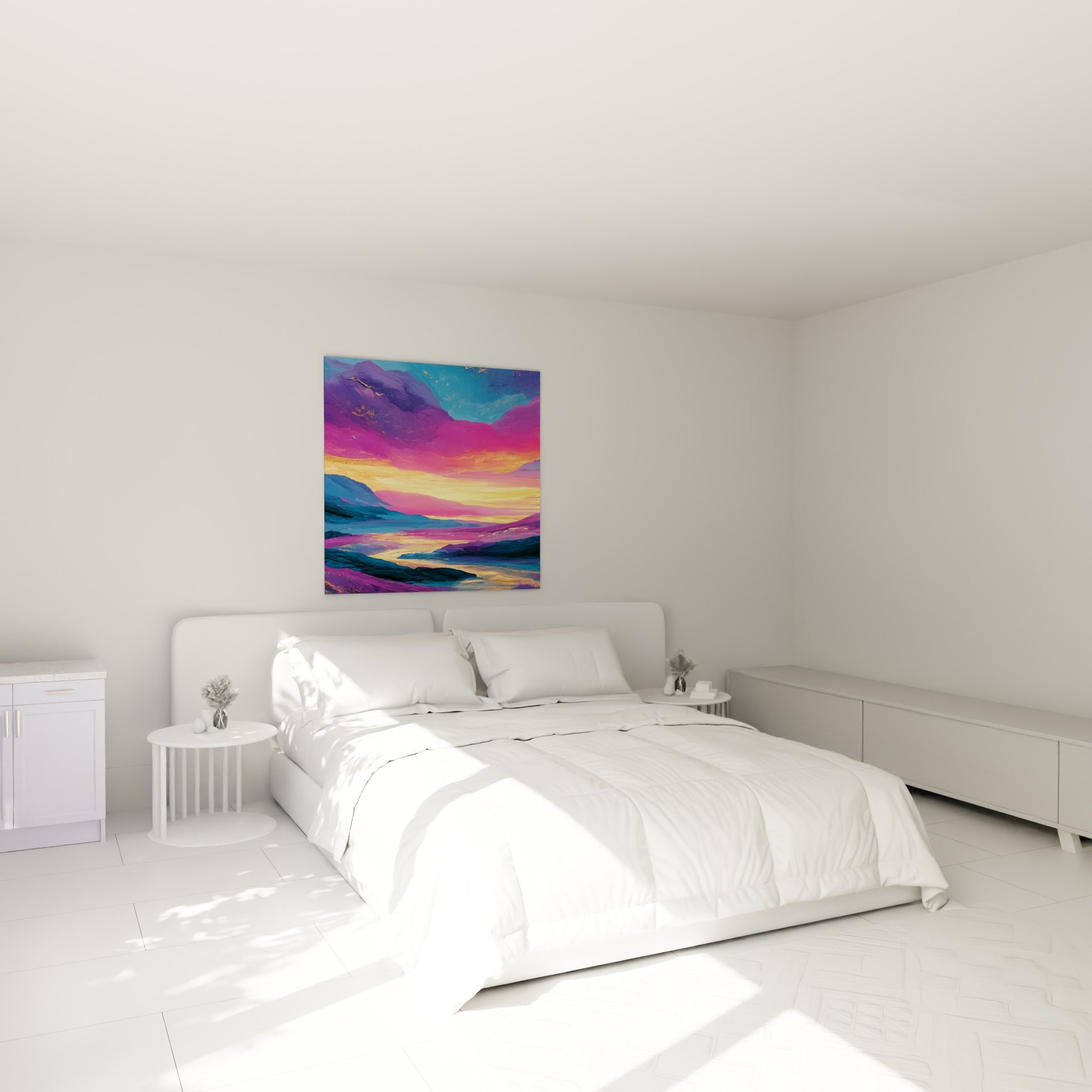 Crépuscule doré entre montagnes violettes et bleu marine, accroché au-dessus d'un lit dans une chambre claire