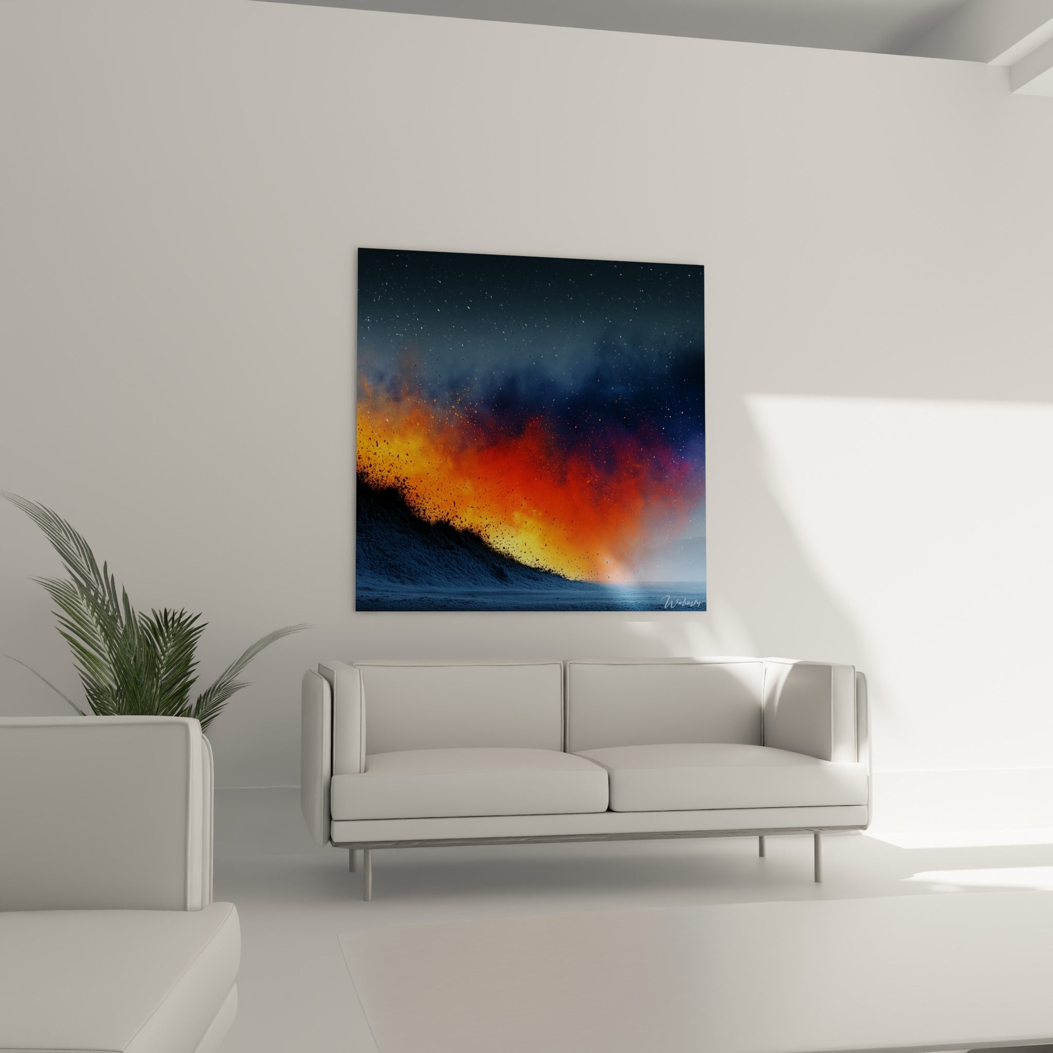 Nuage de braises orange et rouge s'élevant sur fond bleu nuit au-dessus d'un canapé dans un salon lumineux