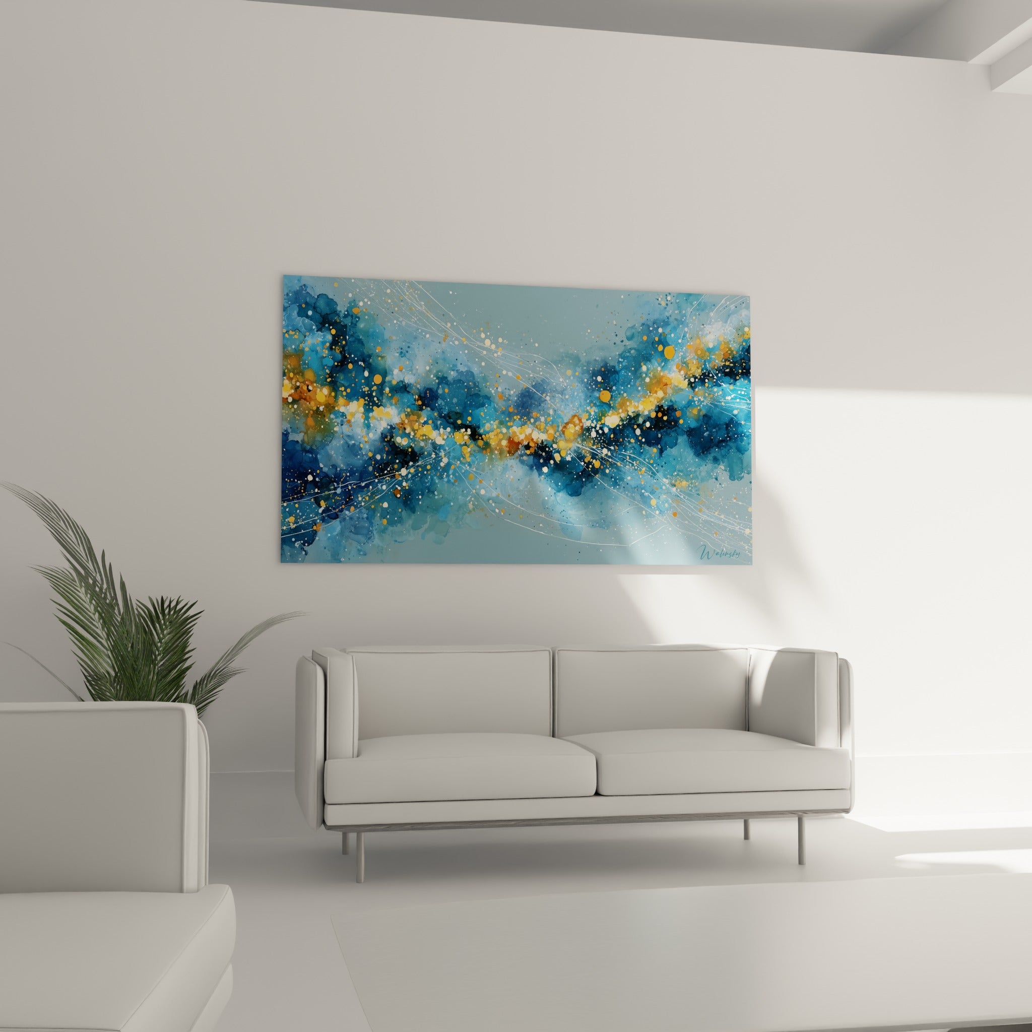 Nuage d'étoiles ocre et bleu nuit en aquarelle fluide, au-dessus d'un canapé dans un salon lumineux