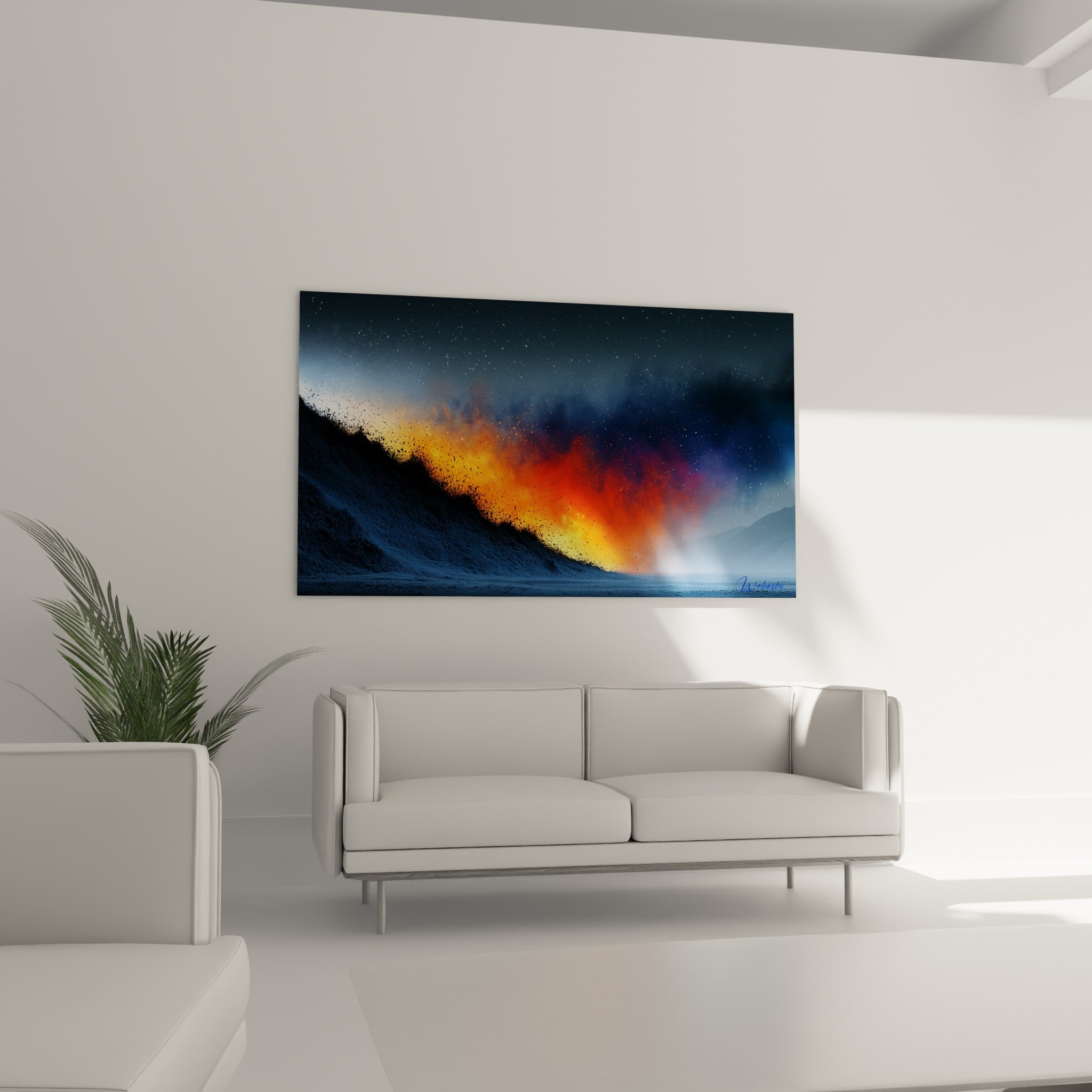 Nuage incandescent orange et rouge s'élevant d'une dune bleu marine, au-dessus d'un canapé dans un salon lumineux