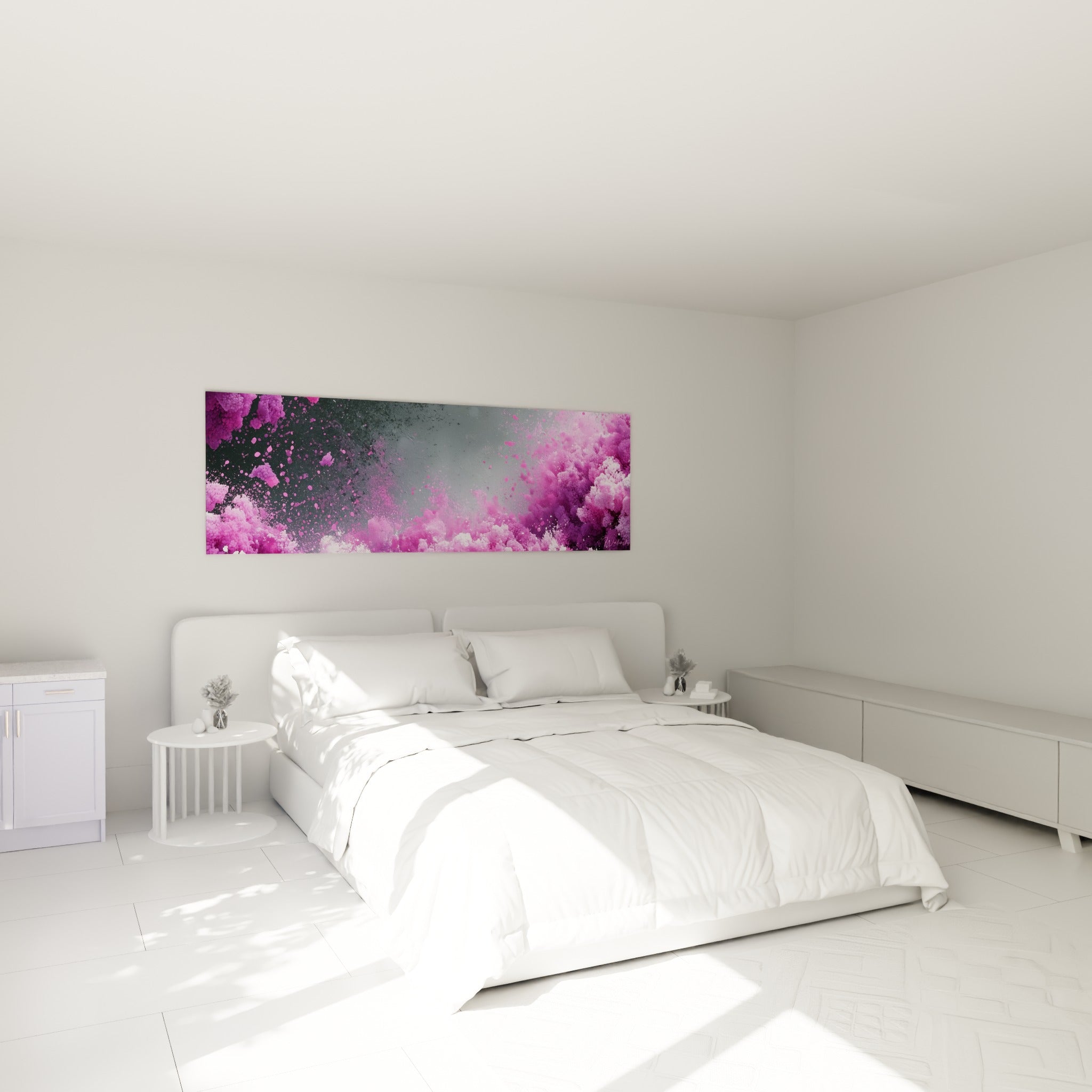 Nuages de poudre rose et anthracite Abstrait Coloré au-dessus d'un lit dans une chambre claire