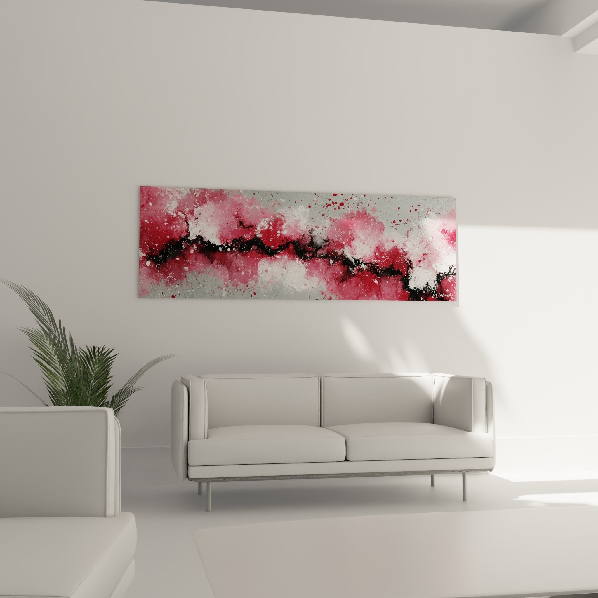 Nuages roses et rouge sombre de ce tableau Abstrait Coloré au-dessus d'un canapé dans un salon lumineux