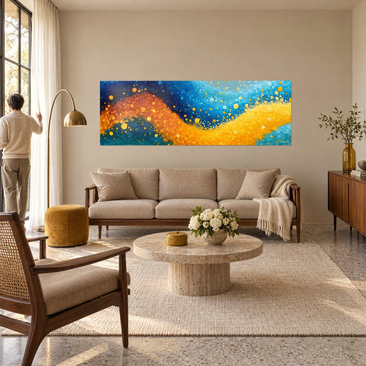 Tableau ruban orangé ondulant entre bleu marine et turquoise, bulles dorées, couple de dos, au-dessus d'un canapé dans un salon lumineux