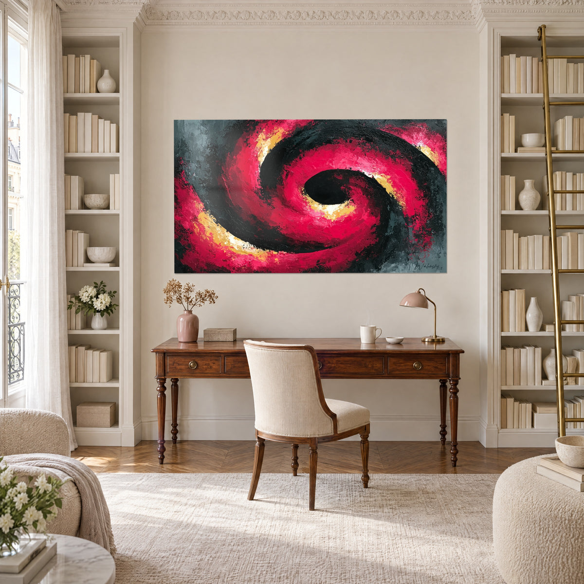 Wall art eye of the cyclone in vivid pink and deep black, ochre palette-knife strokes, between two white bookcases, above a wooden desk