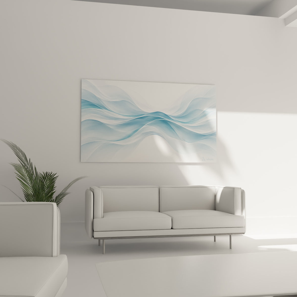 Courbes bleu poudré et blanc opalin au-dessus d'un canapé dans un salon lumineux