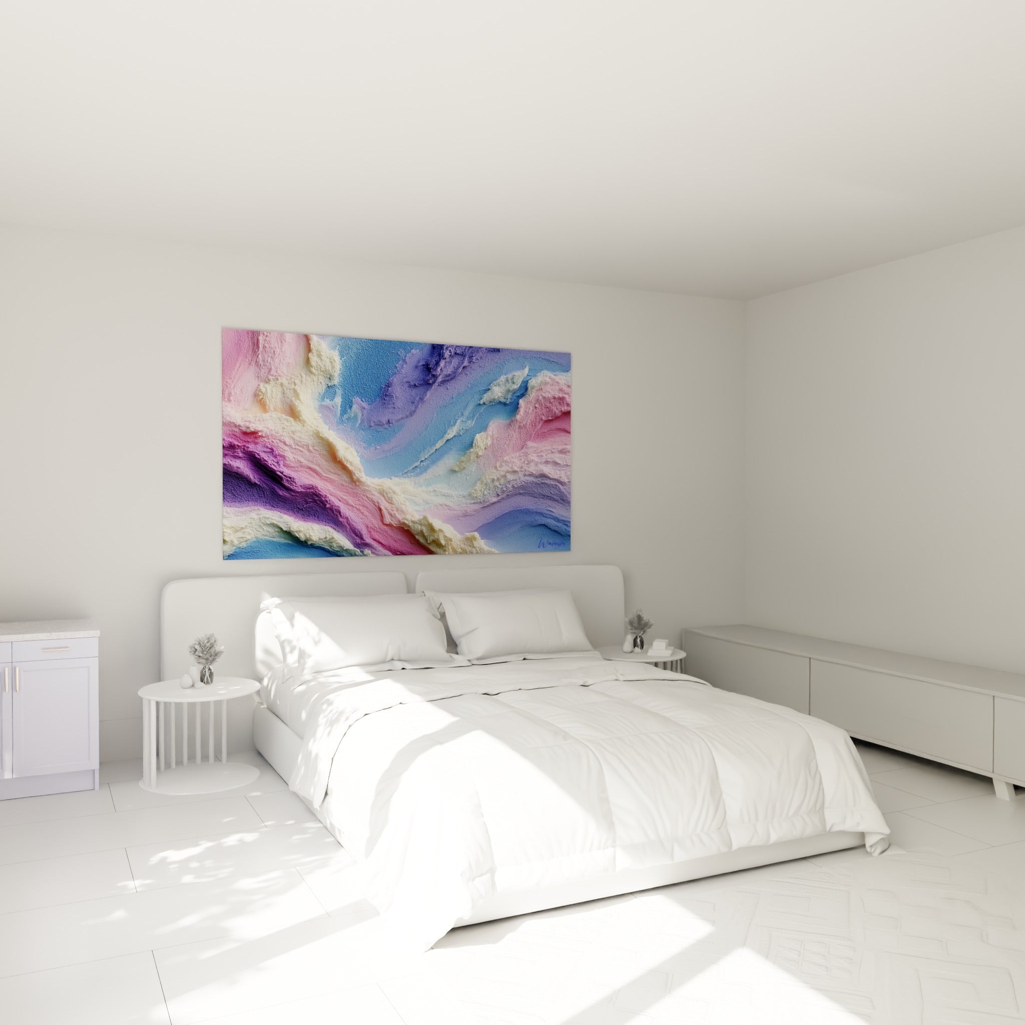 Vagues roses et violettes sculptées en relief, tableau Abstrait Coloré au-dessus d'un lit dans une chambre claire