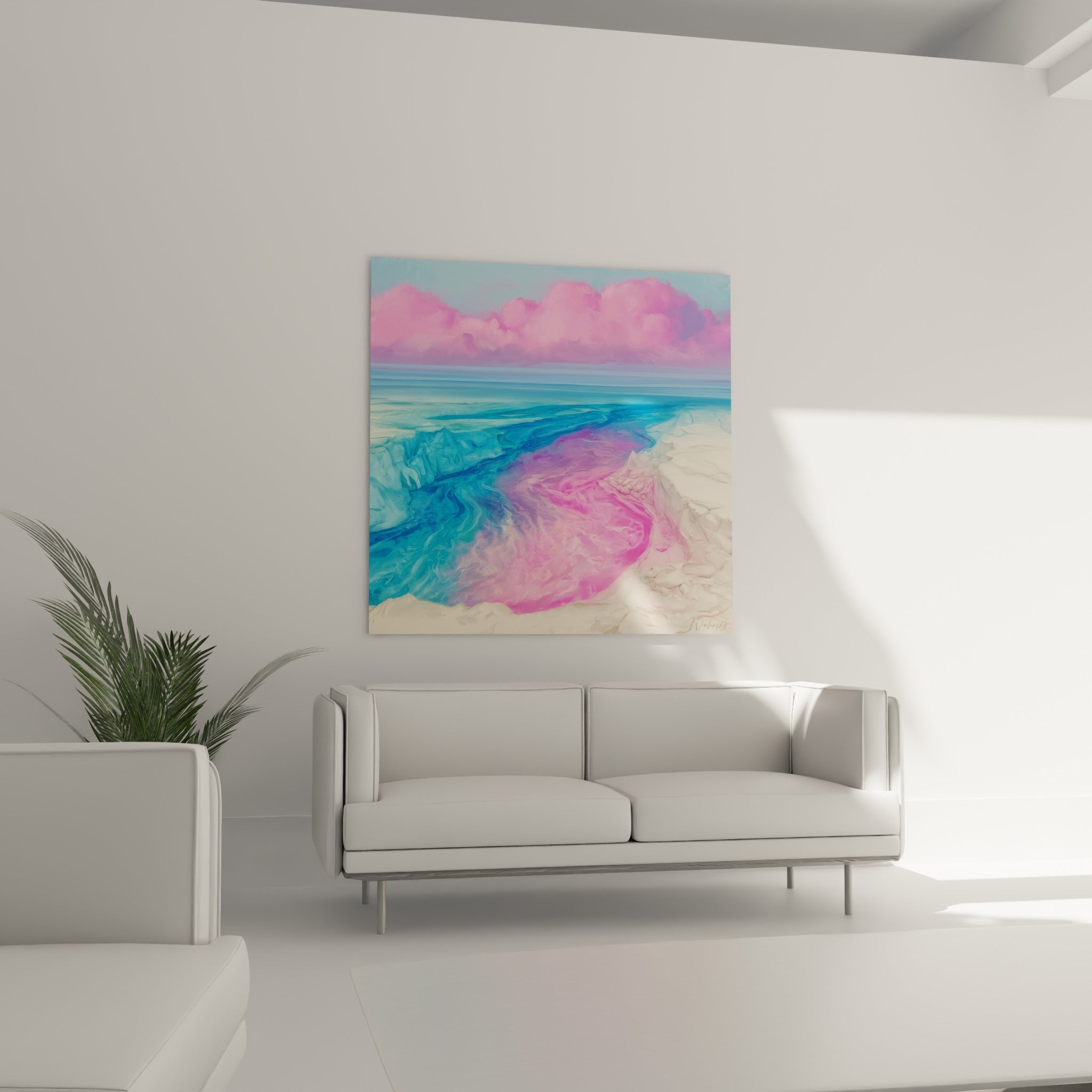Rivière rose fuchsia traversant des eaux turquoise, au-dessus d'un canapé dans un salon lumineux