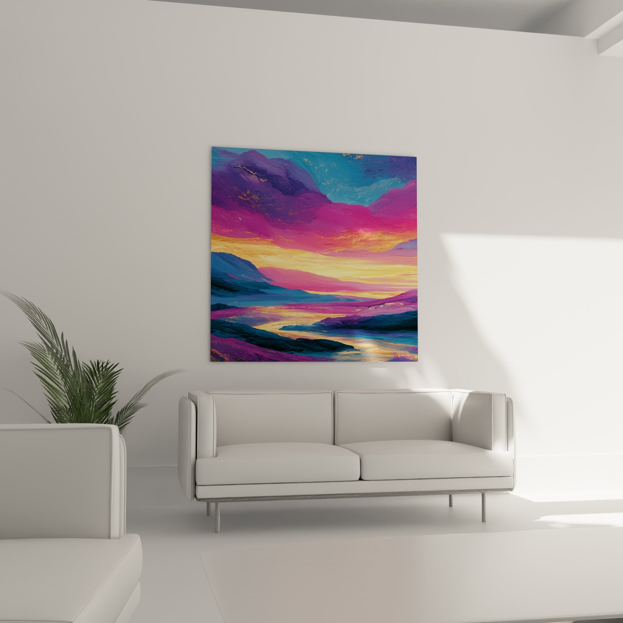 Rivière lumineuse serpentant entre reliefs fuchsia et azur, au-dessus d'un canapé dans un salon lumineux