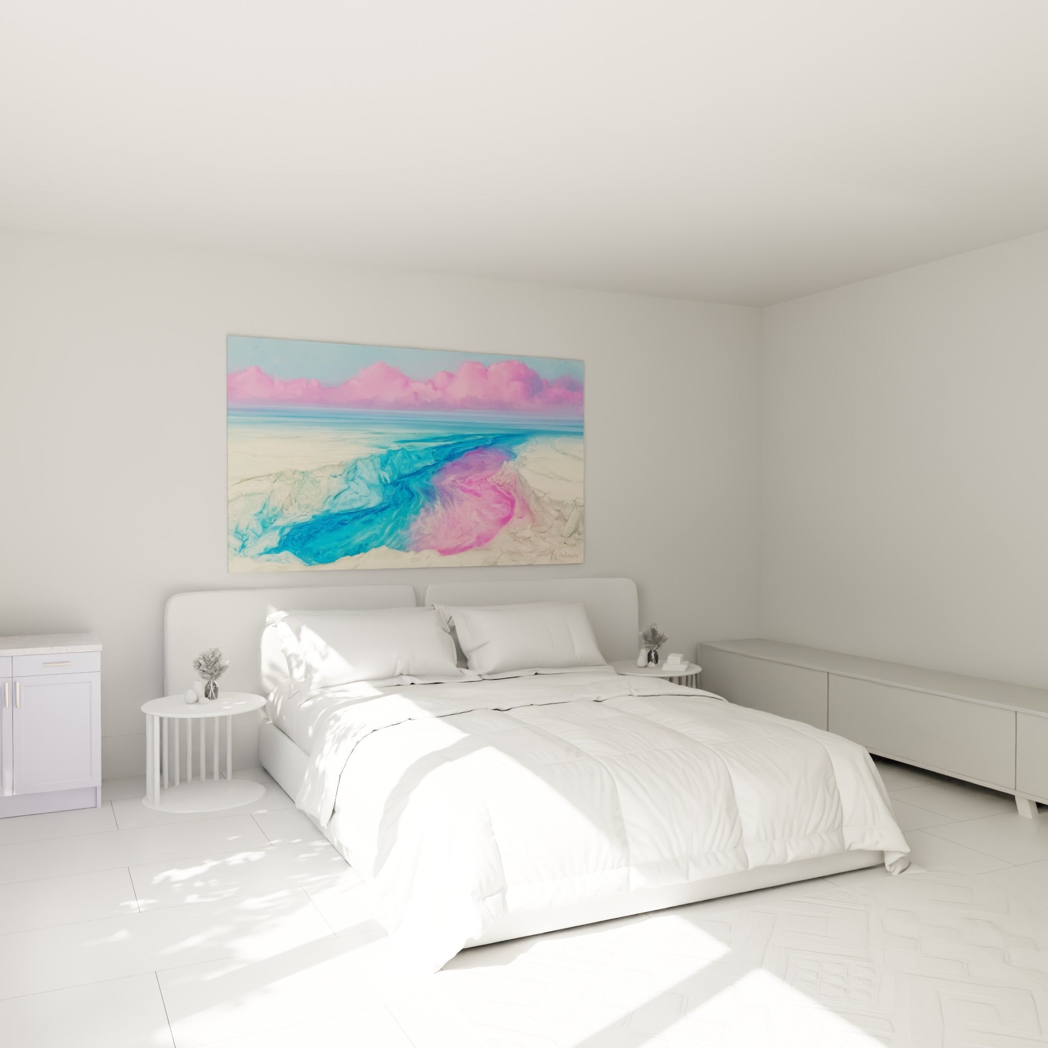Faille turquoise et fuchsia traversant un paysage crème, au-dessus d'un lit dans une chambre claire