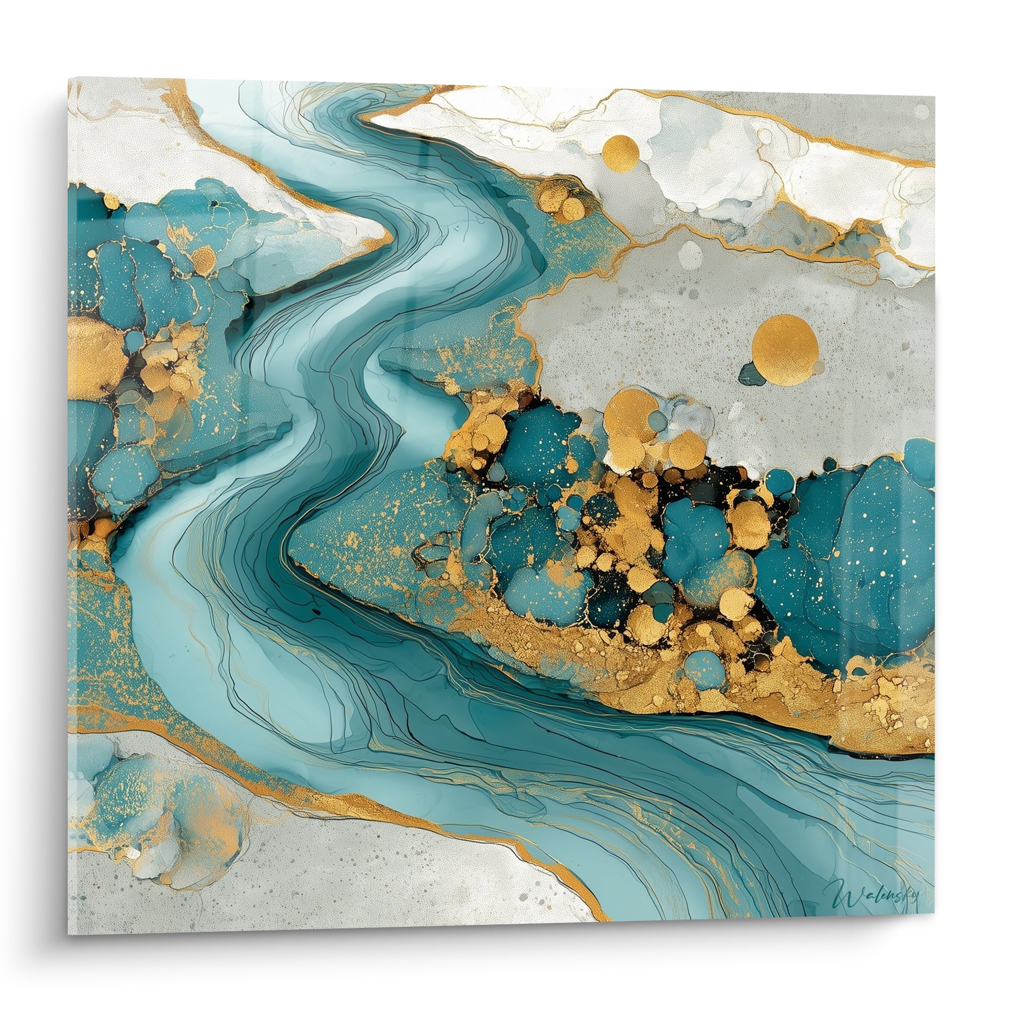 Rivière turquoise et dorée sinueuse traversant des rives marbrées grises et blanches, style Abstrait Coloré