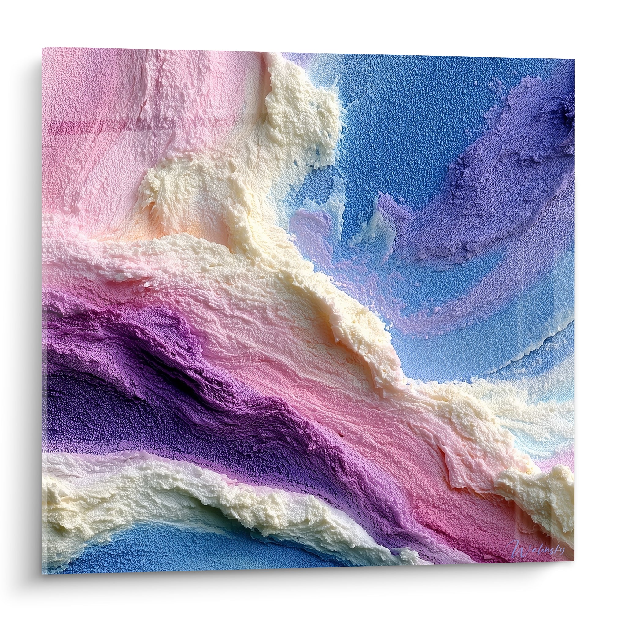 Vagues crémeuses rose pastel et bleu marine sculptées en relief sur ce tableau Abstrait Coloré