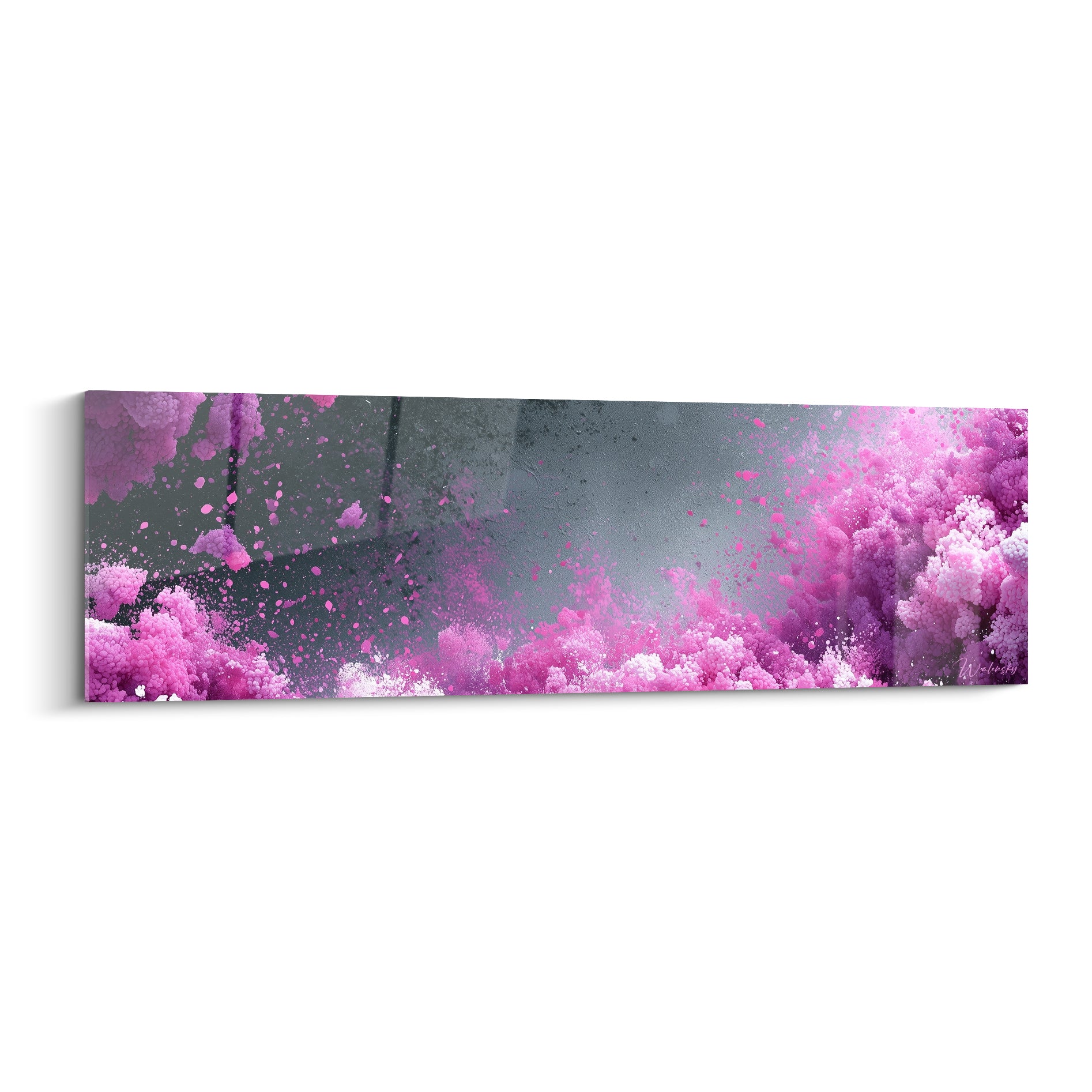 Explosion abstraite coloré en rose fuchsia et gris anthracite sur toile panoramique texturée