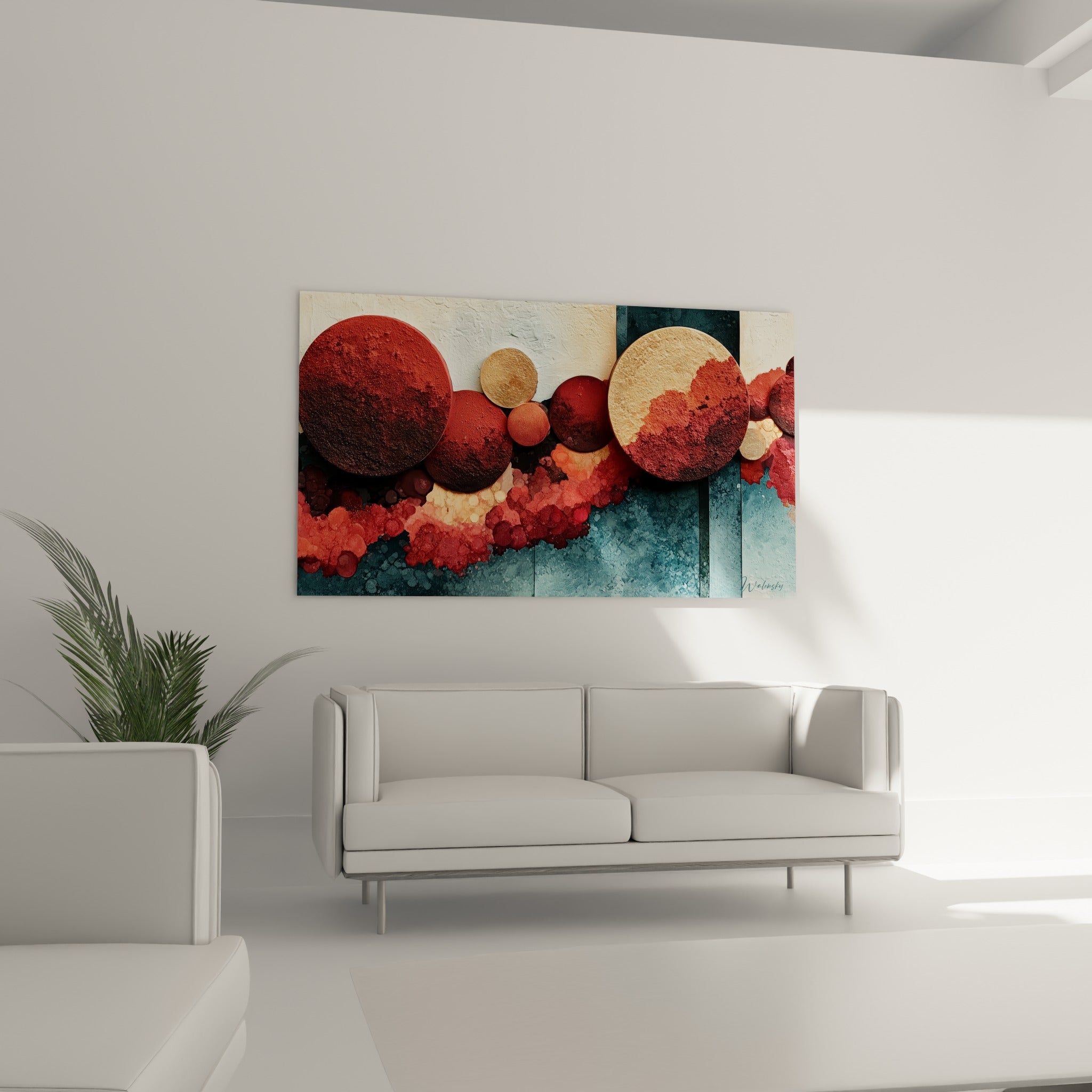Sphères rouge brique et dorées à la surface granuleuse, au-dessus d'un canapé dans un salon lumineux
