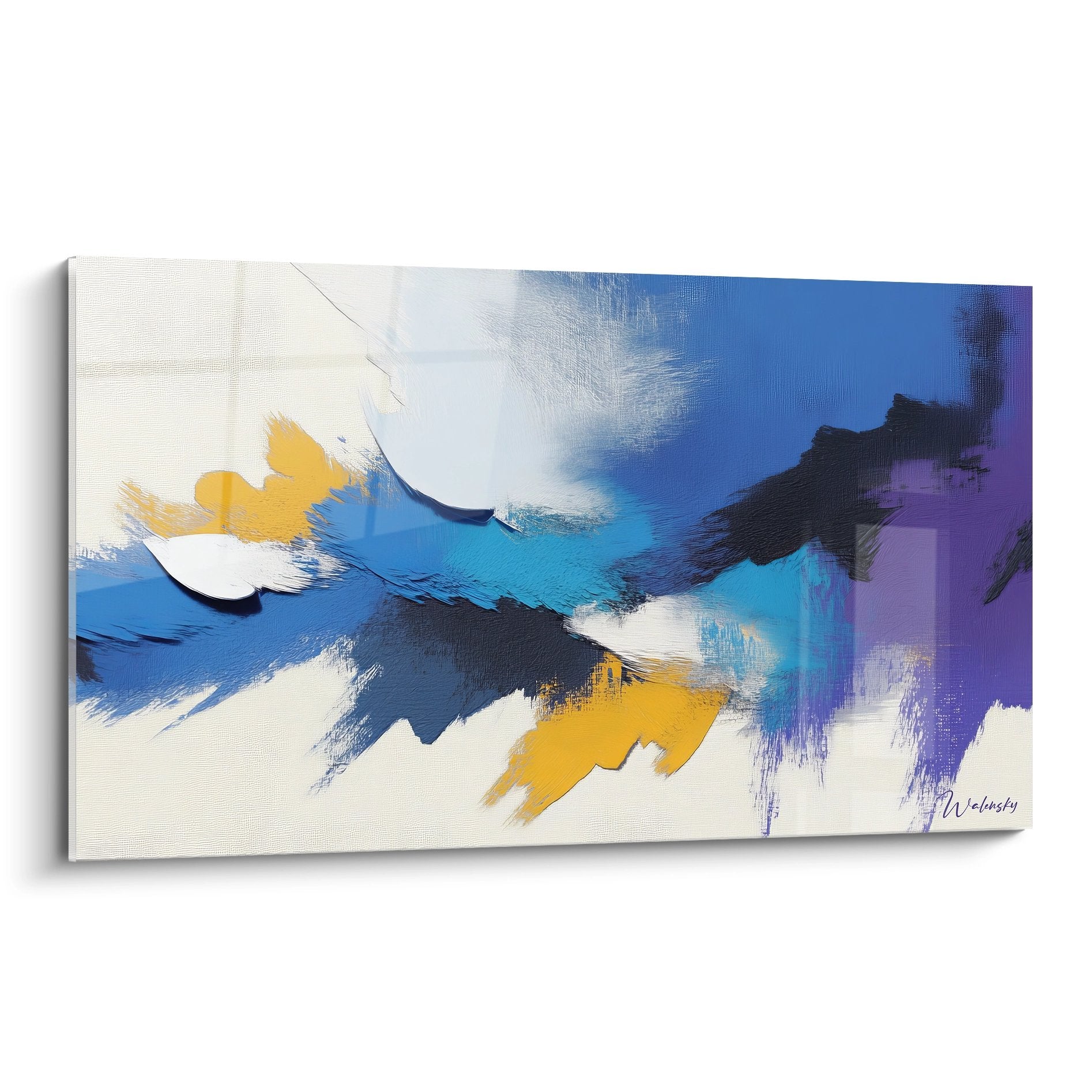 Tableau abstrait coloré aux tons bleus violets et dorés style peinture moderne décorative murale