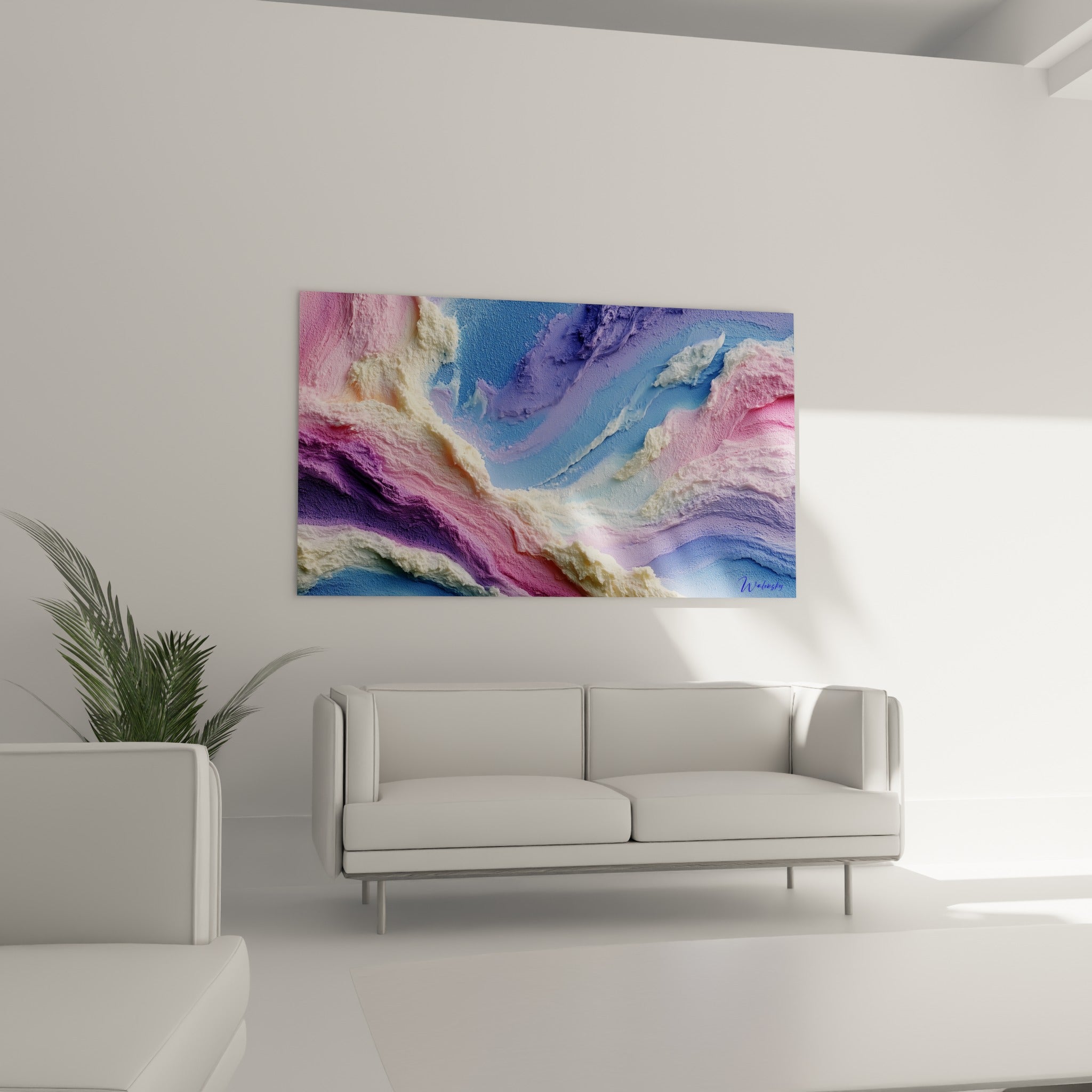Reliefs crème et bleu givré ondulant en douceur, tableau Abstrait Coloré au-dessus d'un canapé dans un salon lumineux