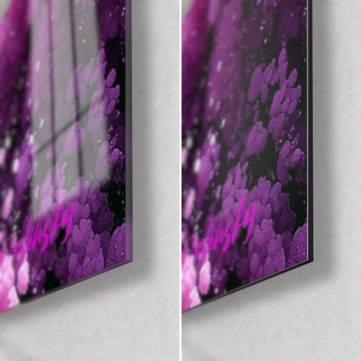 Gemälde mit einer Explosion aus fuchsiafarbenen und violetten Pigmenten, untere rechte Ecke, glänzendes Acrylglas und matt gebürstetes Dibond, 3 mm Kante