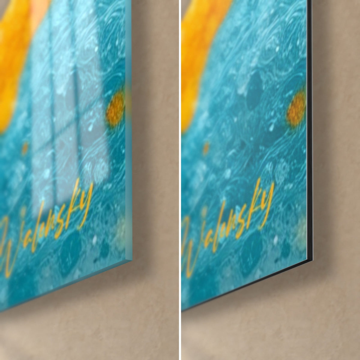 Tableau vague dorée aux éclats bleus, coin bas droit : verre brillant à gauche, alu Dibond mat à droite, tranche de 3 mm turquoise