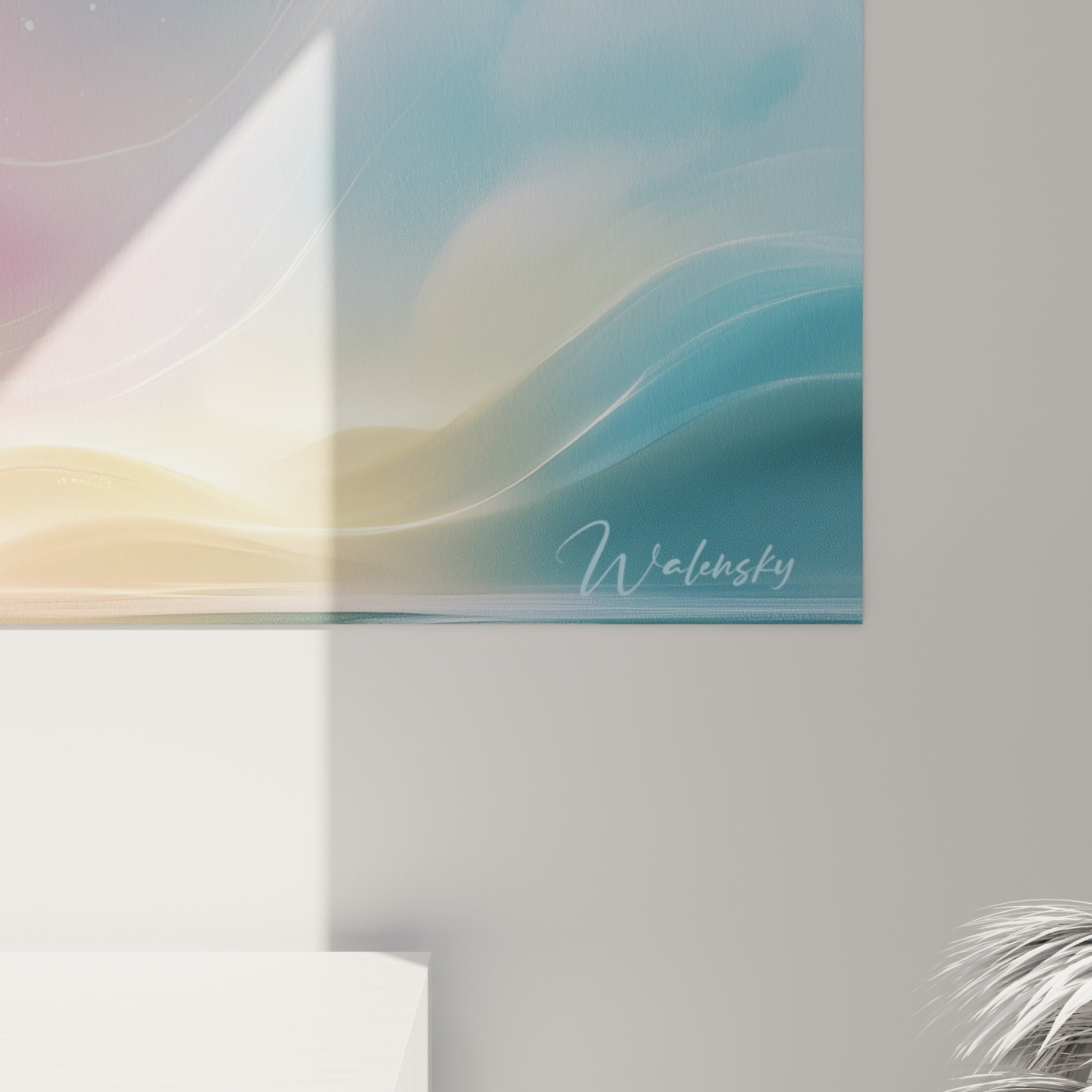 Empâtements lumineux et coulures roses sur bleu profond d'un tableau Abstrait Coloré vu de près