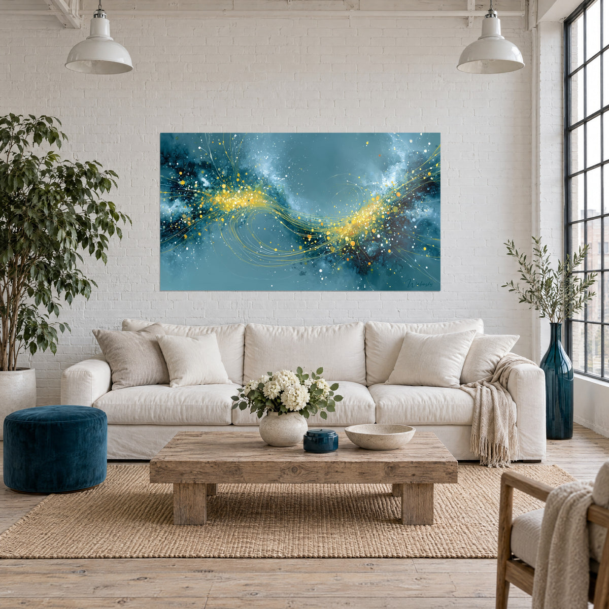 Gemälde Goldener Nebel mit petrolblauen Schwaden, gelben Punkten und weißen Linien, über einem Sofa in einem hellen Wohnzimmer