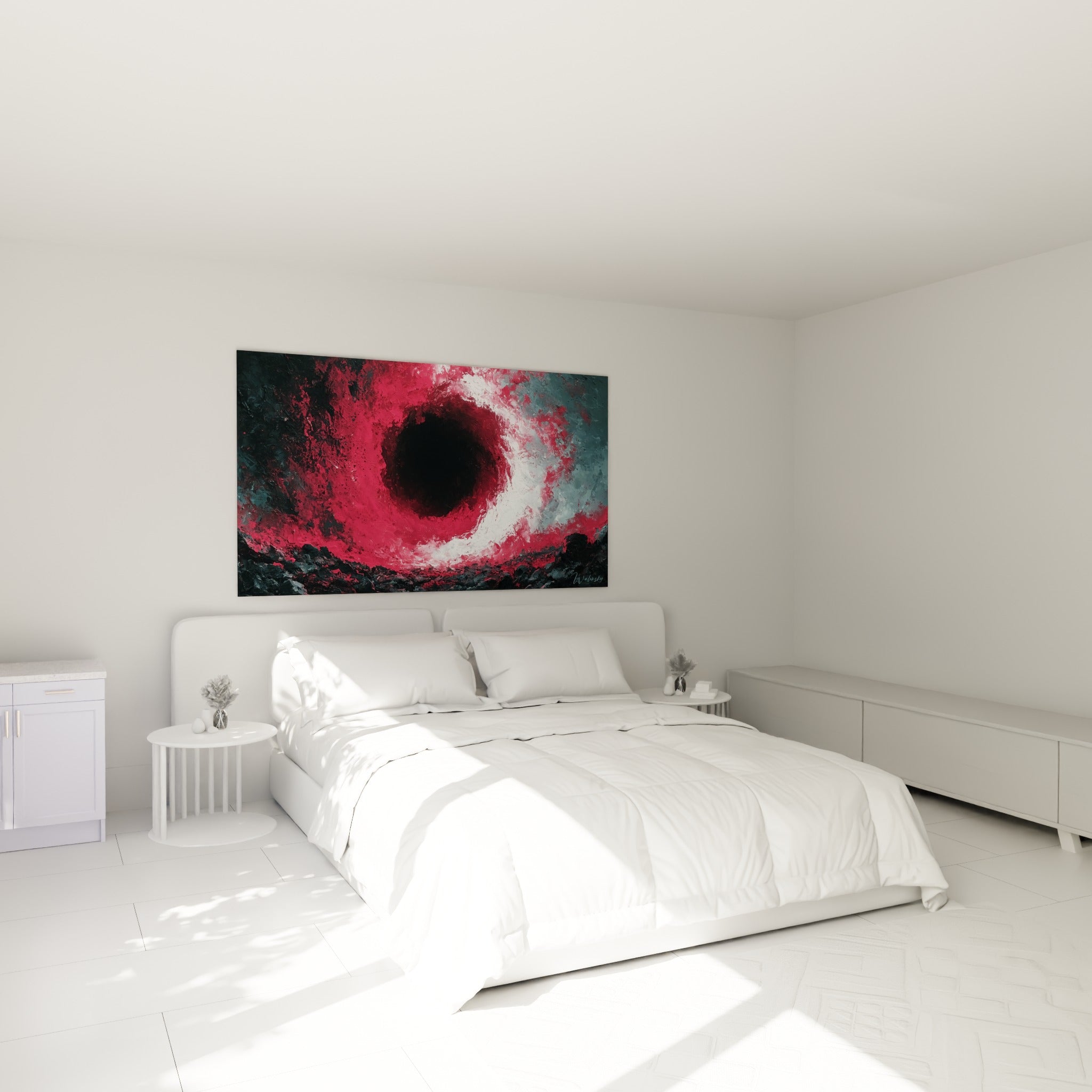 Tourbillon rouge et noir aux volutes blanches, accroché au-dessus d'un lit dans une chambre claire