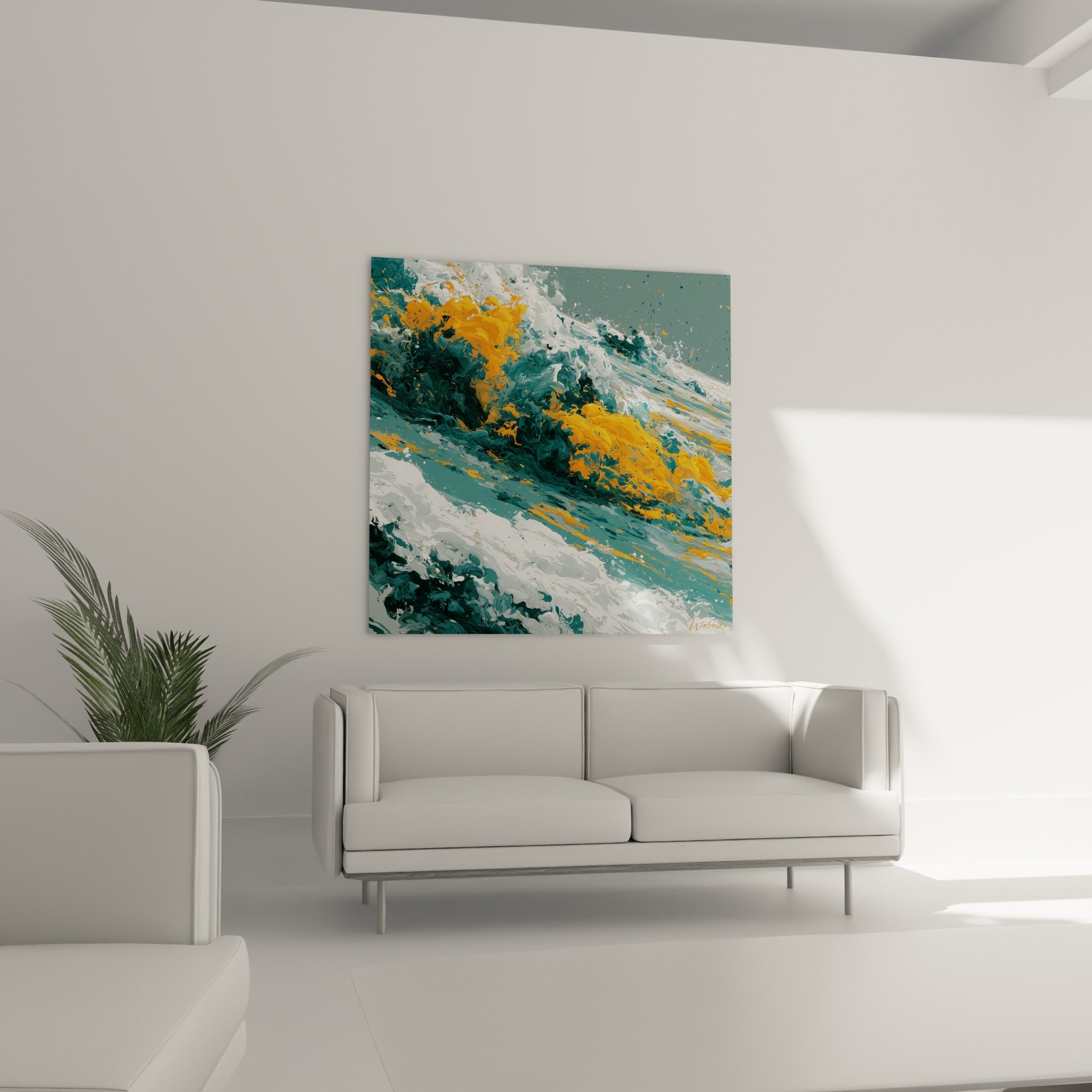 Mouvement tourbillonnant sarcelle et ocre d'une vague abstraite, au-dessus d'un canapé dans un salon lumineux