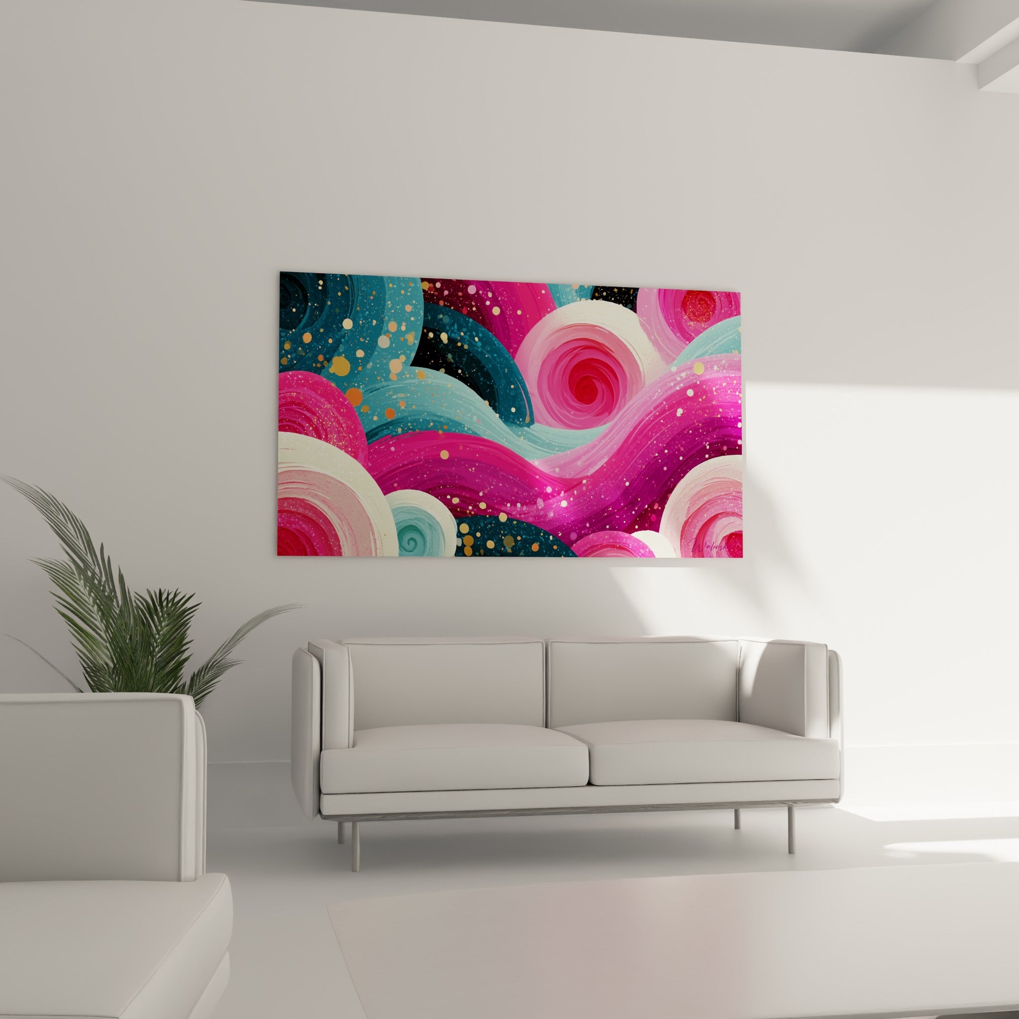 Tourbillons fuchsia et sarcelle aux nuances ivoire, suspendus au-dessus d'un canapé dans un salon lumineux