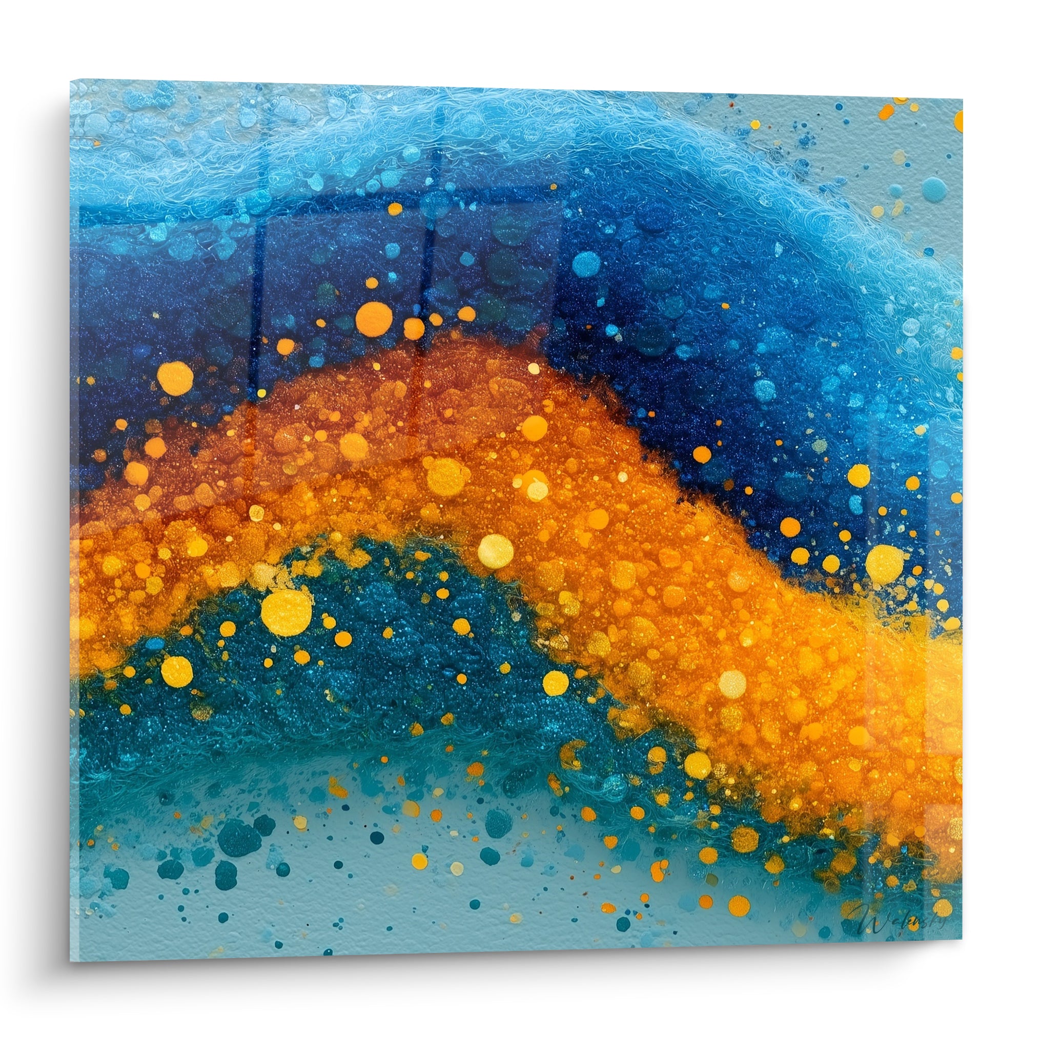 Vague de bulles orange et bleu marine traversant une toile texturée en diagonale