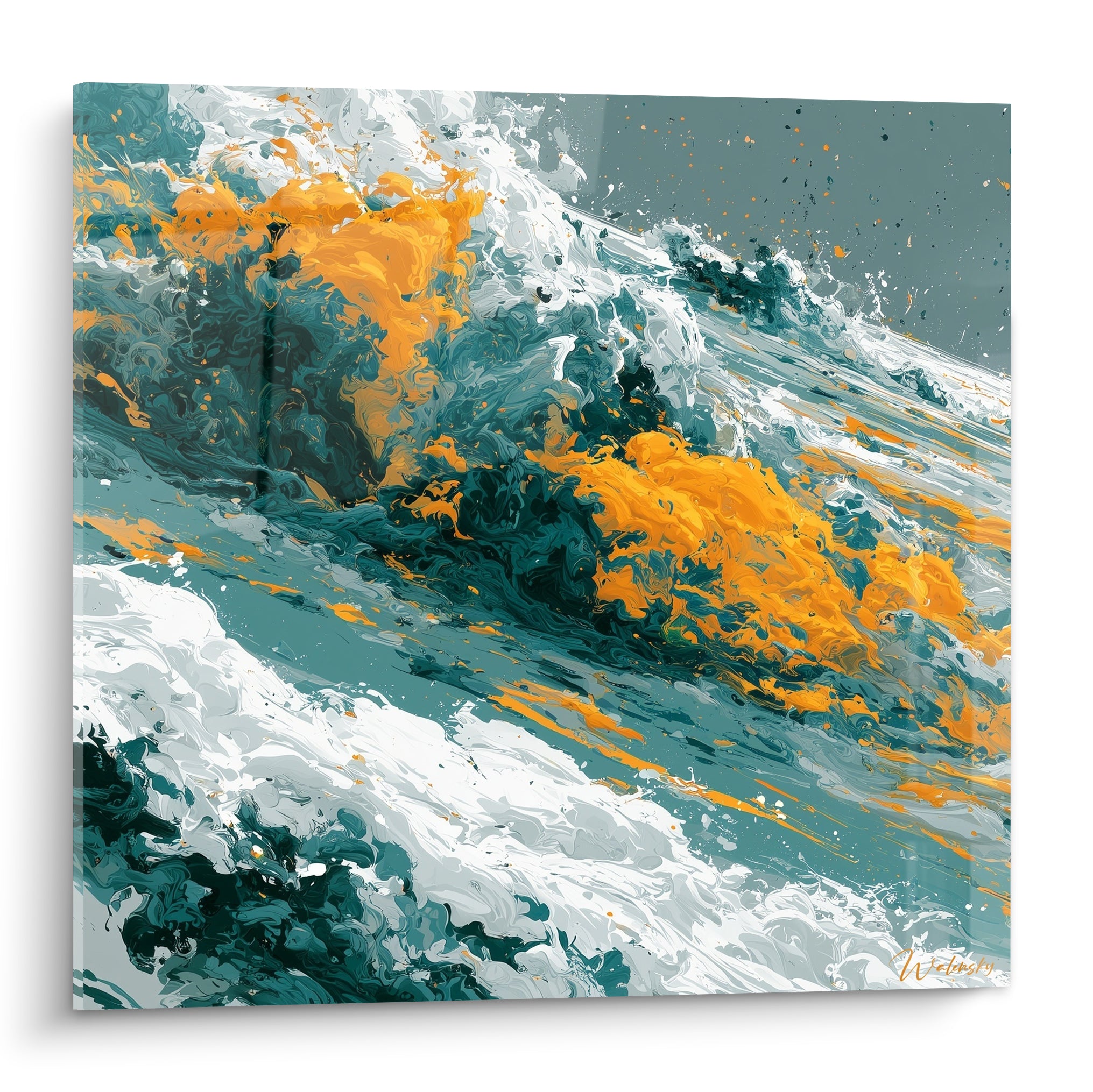 Vague abstraite orange vif et sarcelle profond éclatant en écume blanche sur toile