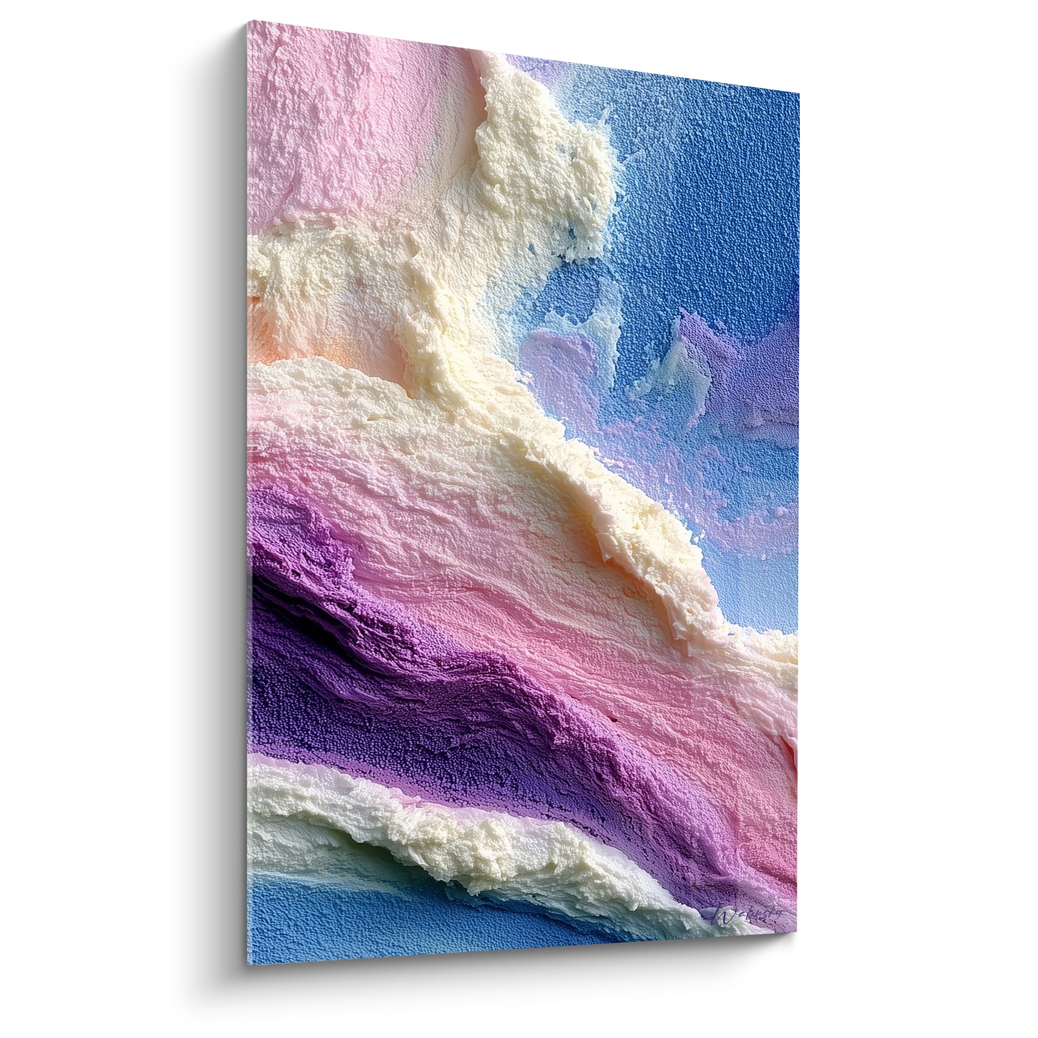 Reliefs crémeux violet et bleu pastel formant une vague sculptée sur cette œuvre abstraite