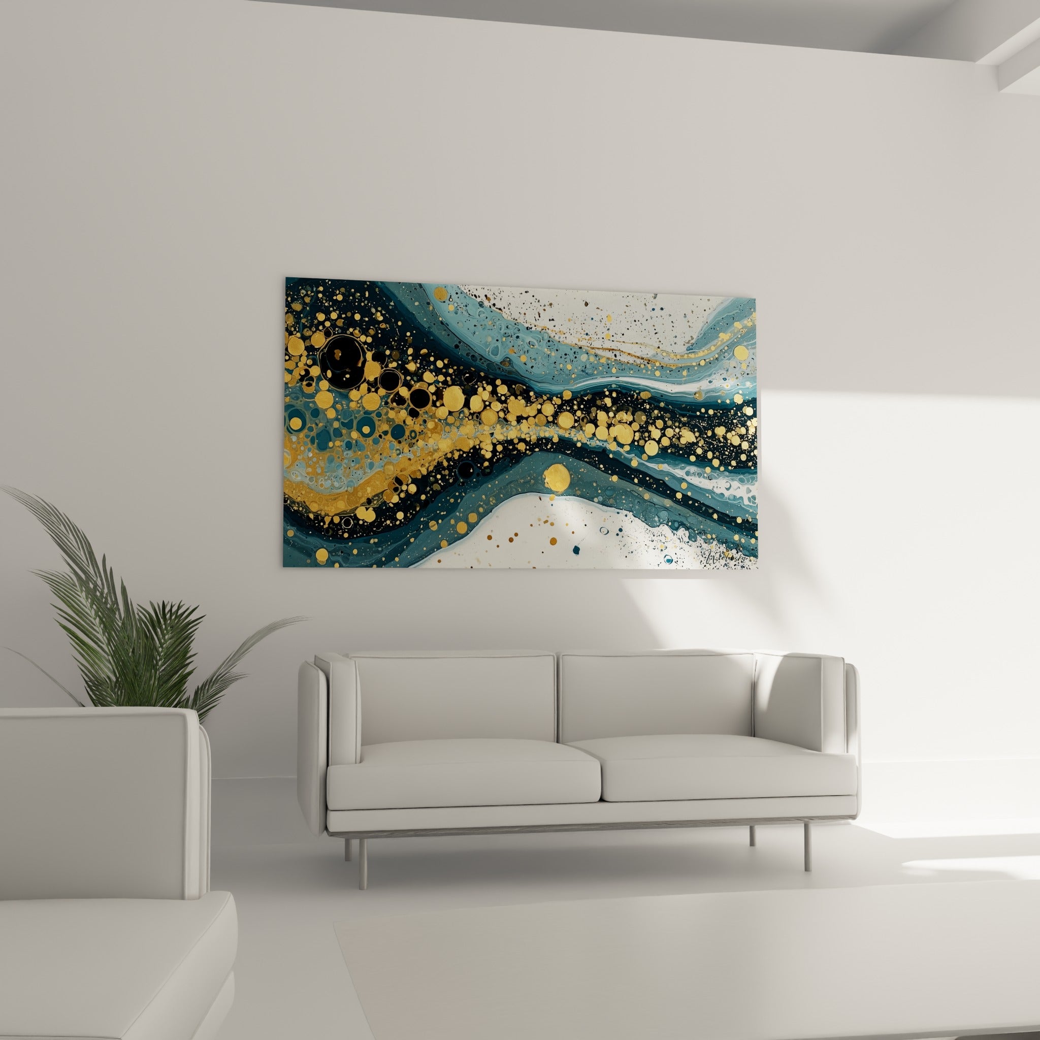 Vagues dorées sur fond anthracite et bleu profond, disposées au-dessus d'un canapé dans un salon lumineux